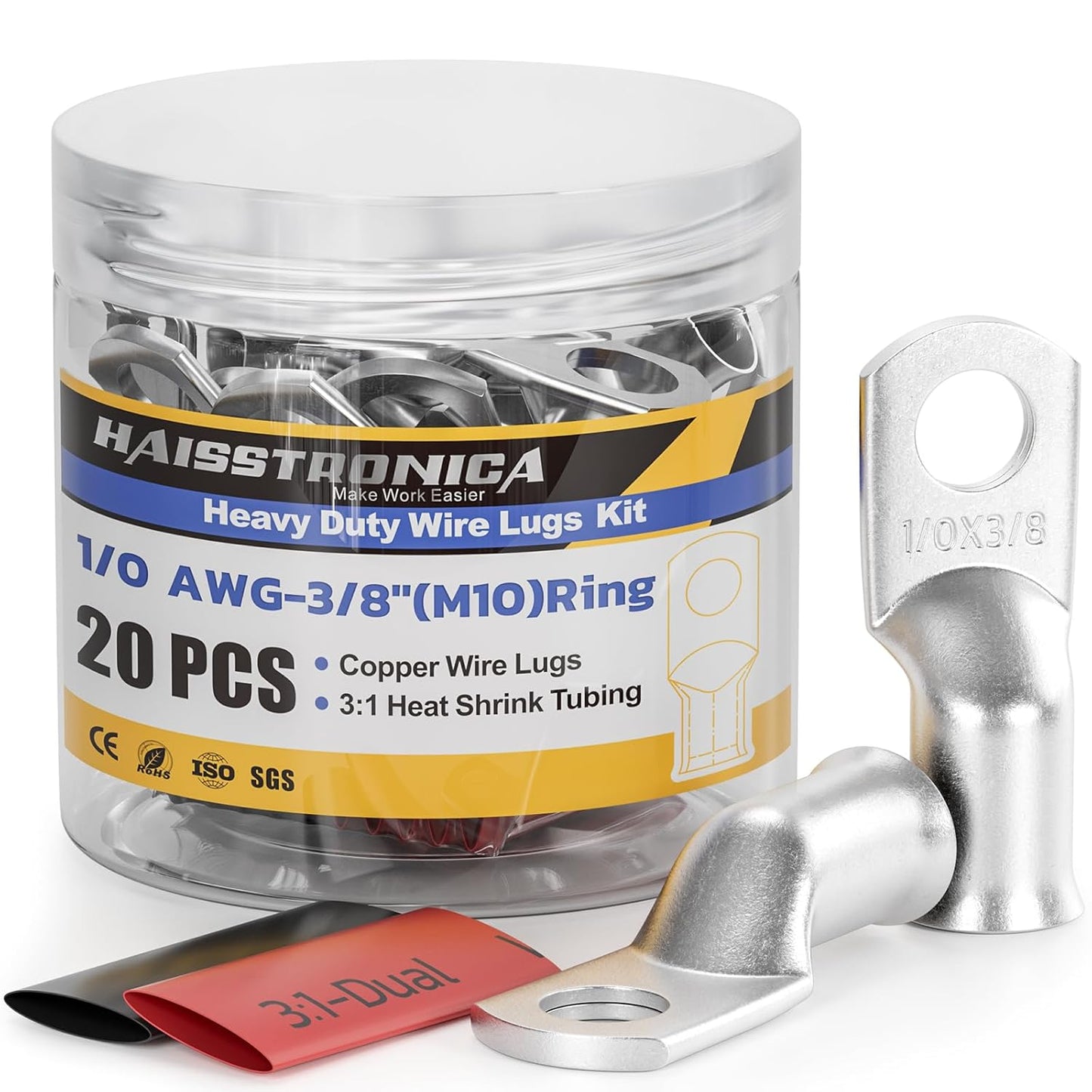 haisstronica 10pcs 1/0 AWG - 3/8"(M10) Tinned Copper Battery Lugs, Heavy Duty Copper Wire Lugs with 10pcs 3:1 Adhesive Heat Shrink Tubing, 0 Gauge Wire Lugs, Tinned Copper Battery Cable Ends