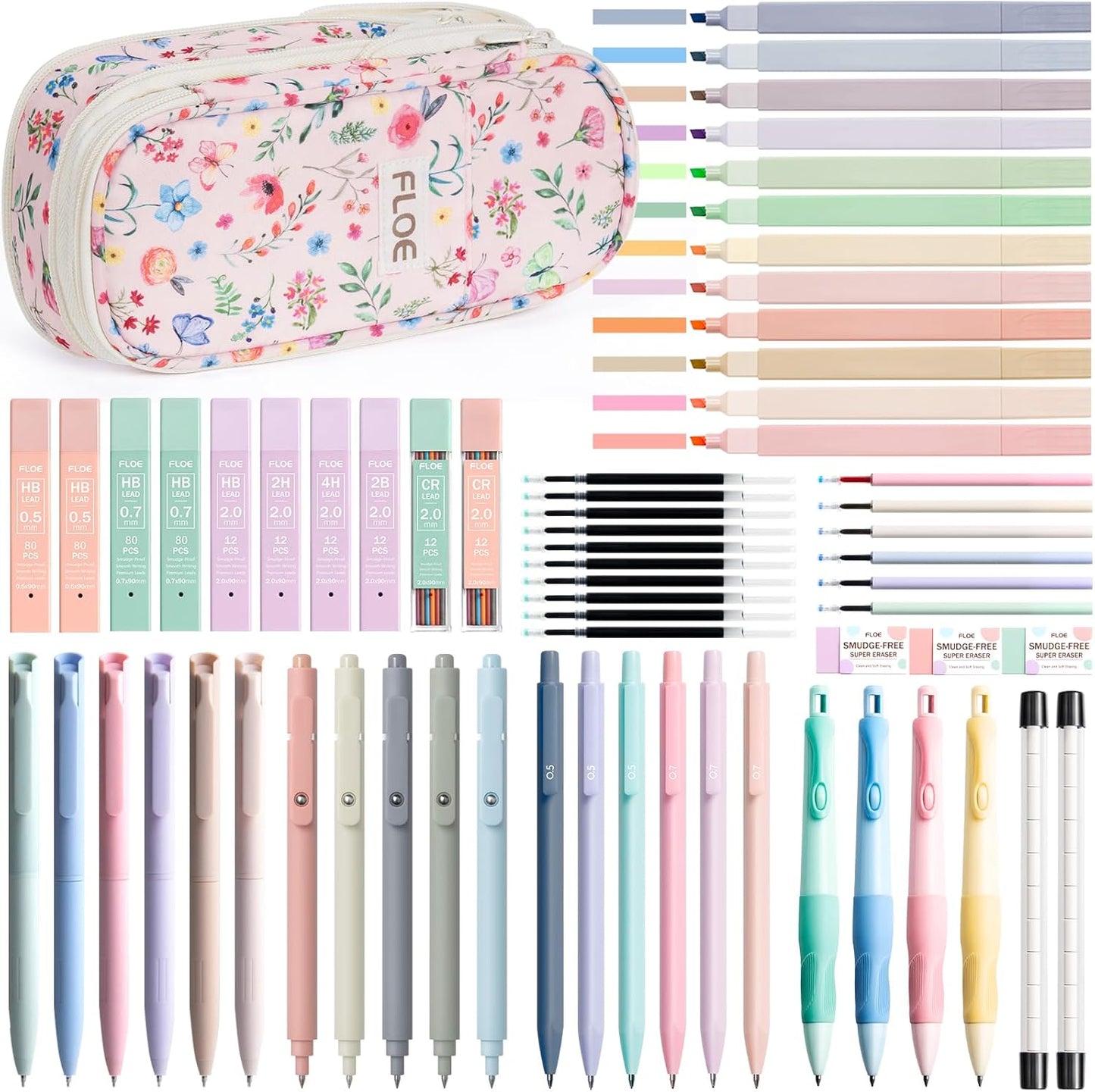 65PCS Aesthetic School Supplies with Cute Pencil Case, Pastel Highlighters Gel Pens Mechanical Pencils Set 0.5 0.7 & 2.0mm, Office Back to School Supplies College Essentials Kit Student Stationary Set