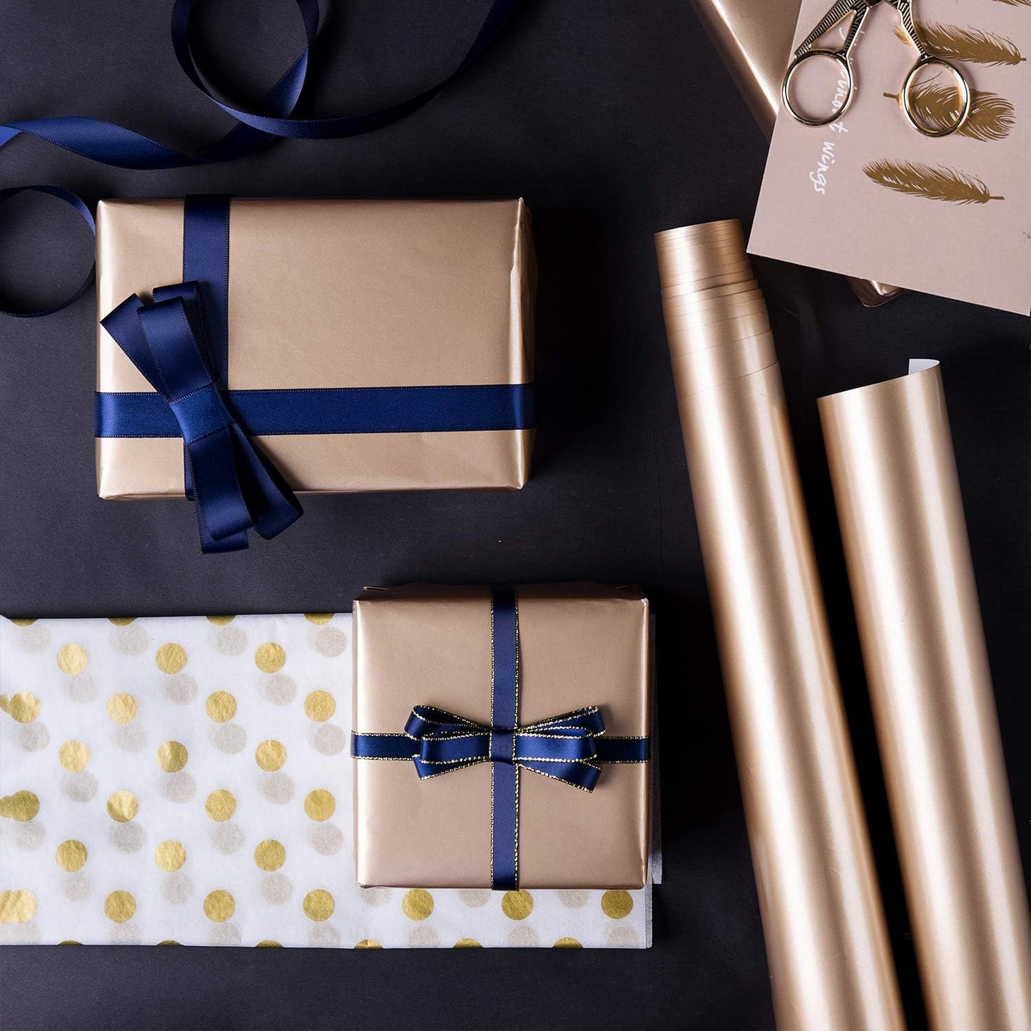 WRAPAHOLIC 30 Inch Navy Wrapping Paper - Jumbo Roll Gold and Navy Print with Cut Lines for Christmas, Birthday, Holiday, Father's Day, Baby Shower - 4 Rolls - 30 Inch x 120 Inch Per Roll