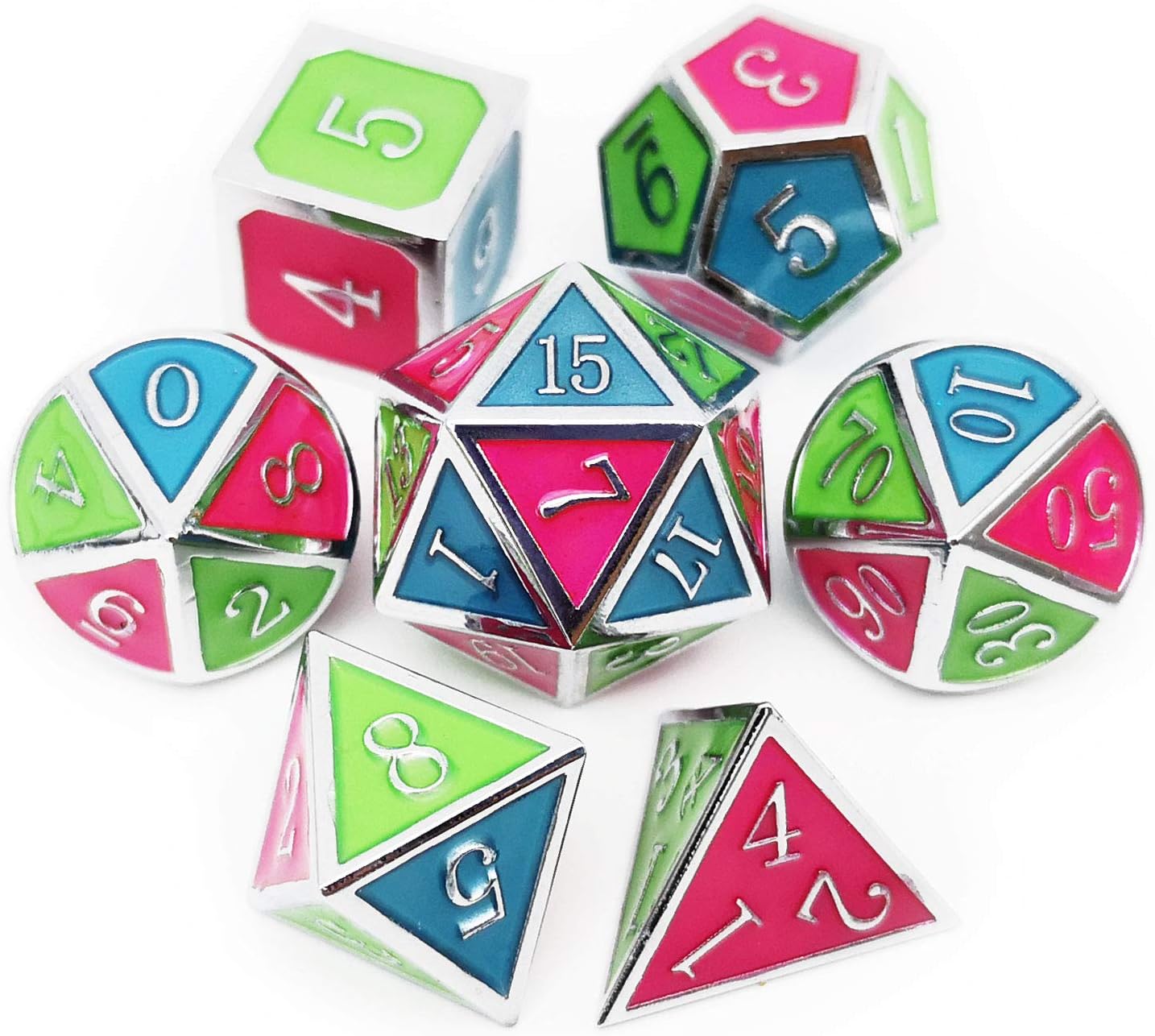 Haxtec Glow in The Dark Glowing Blue Red Green Silver Metal Dice Set D&D 7PCS DND Dice Set Compatible with Dungeons and Dragons RPG Games-Silver Glowing Blue Green Red