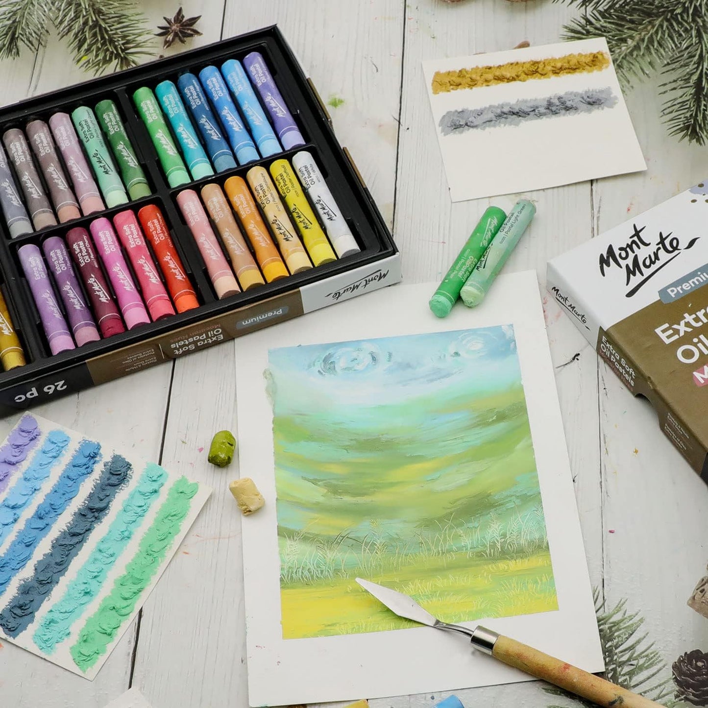 Mont Marte Extra Soft Oil Pastels Macaron Hues Premium 26pc, Assorted Pastel & Metallic Colors, Vibrant, Buttery, Versatile Art Pastels for Blending, layering & Shading, Coloring, Sketching