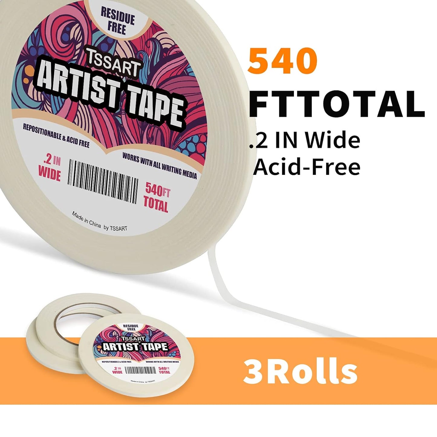 3 Pack White Artist Tape - Masking Artists Tape for Drafting Art Watercolor Painting Canvas Framing - Acid Free 0.2 Inch Wide 180FT Long