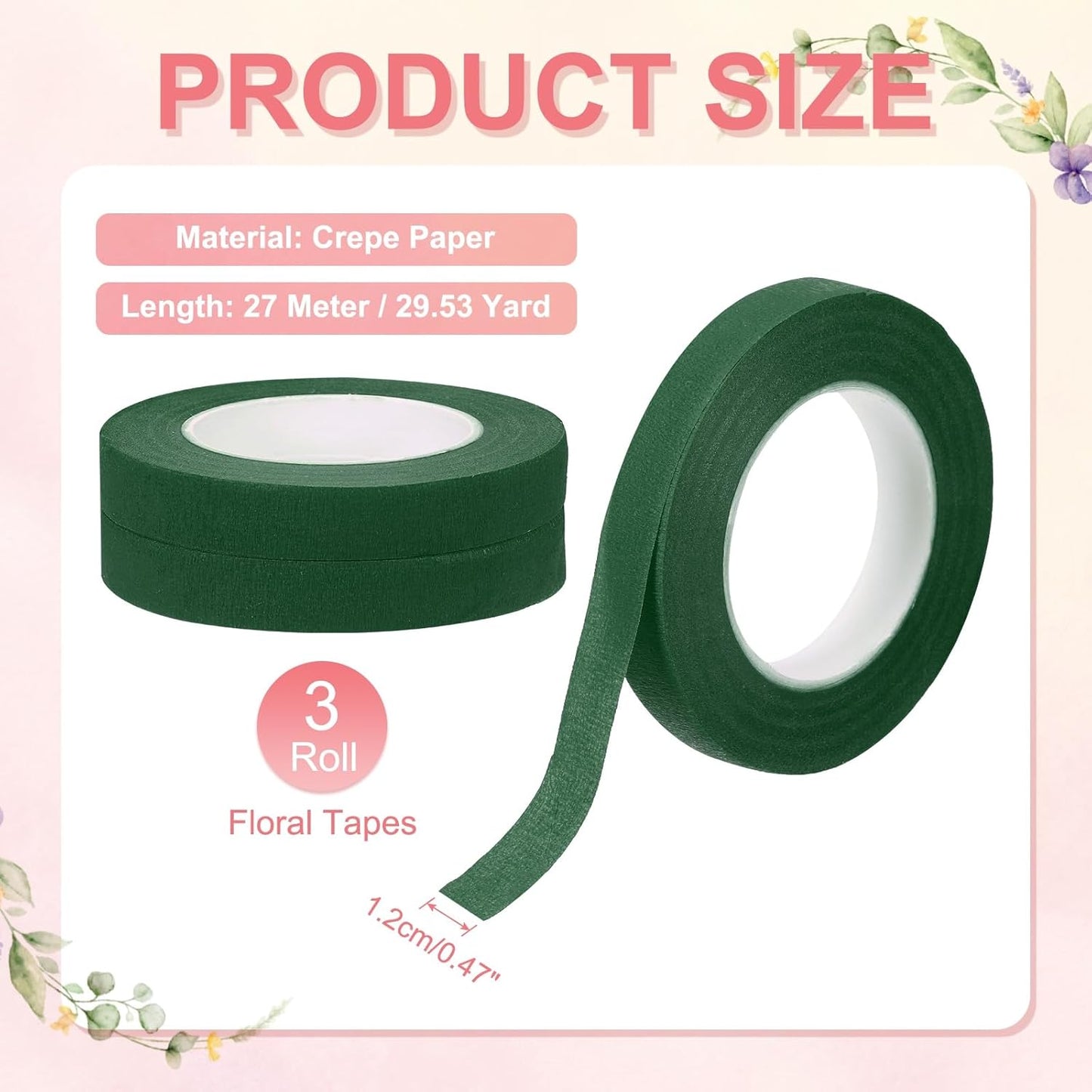 MECCANIXITY 3 Rolls Floral Tapes, 30 Yard x 1/16 in Florist Crepe Flowers Bouquets Tape Adhesive Waterproof for Flower Arranging Wrapping, Deep Green