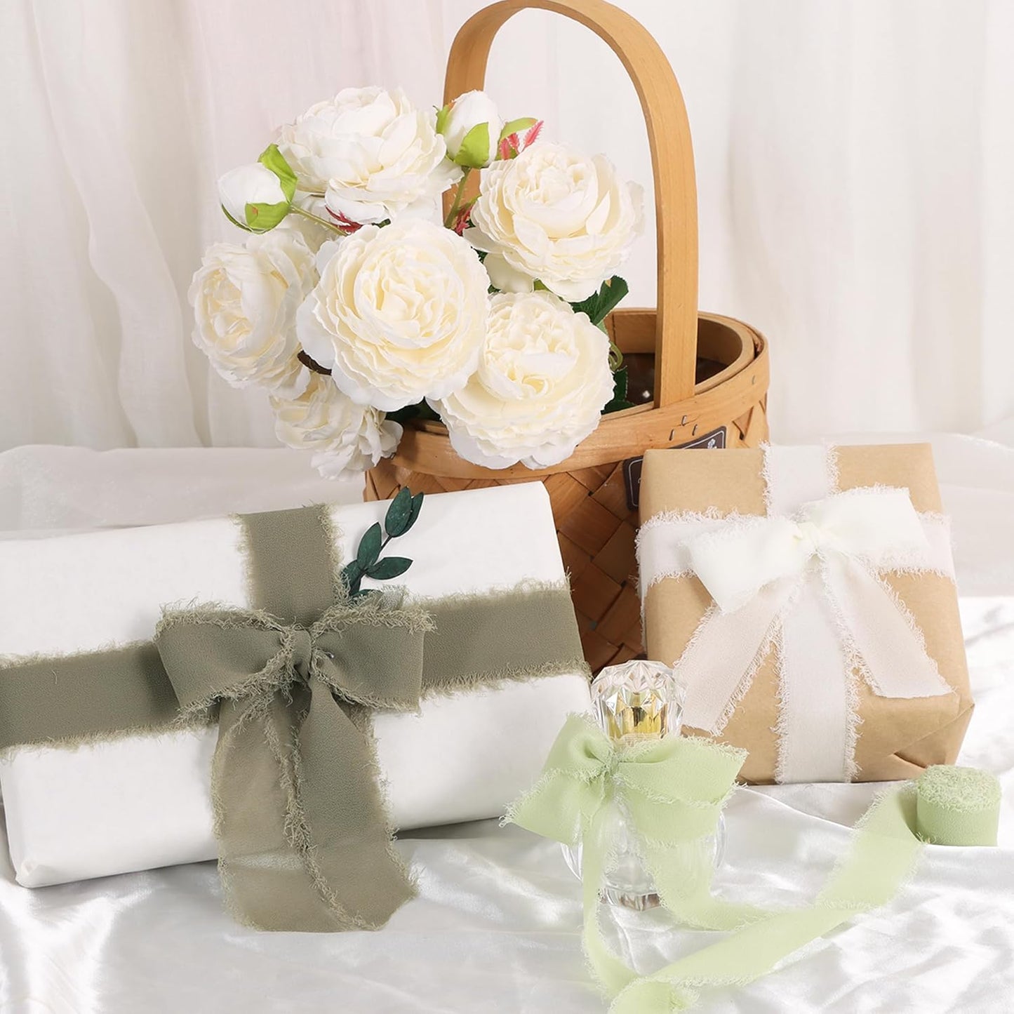 TONIFUL 4 Rolls Silk Chiffon Ribbon, 1-1/2 Inch x 22yds, Gold Chiffon Ribbons Set, Handmade Fringe Silk Ribbon for Gift Wrapping Bridal Bouquets Wedding Invitations Decoration Crafts