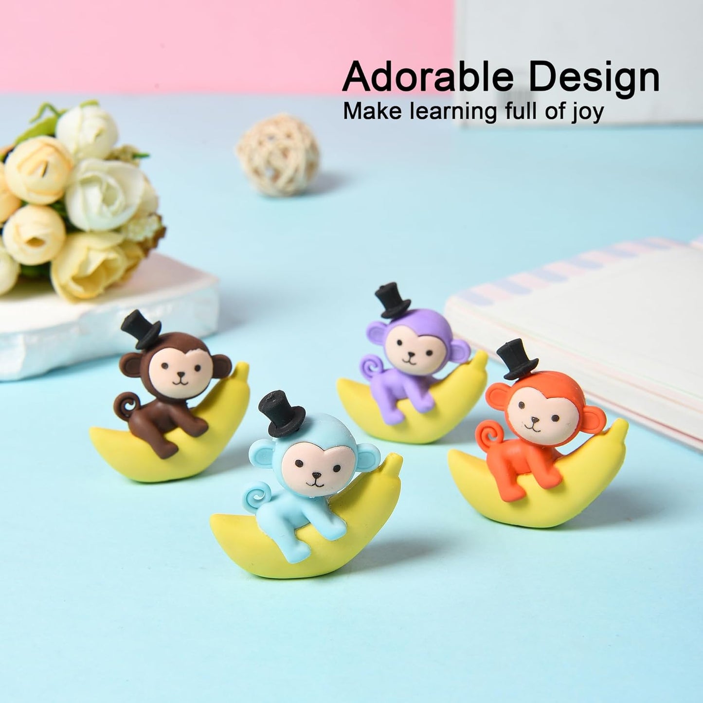 HILAZA 16Pcs Pencil Top Erasers for Kids, 3D Cute Monkey Pencil Toppers, Bulk Fun Pencil Cap Easters for School Classroom Supplies Prize Gifts Party Favors