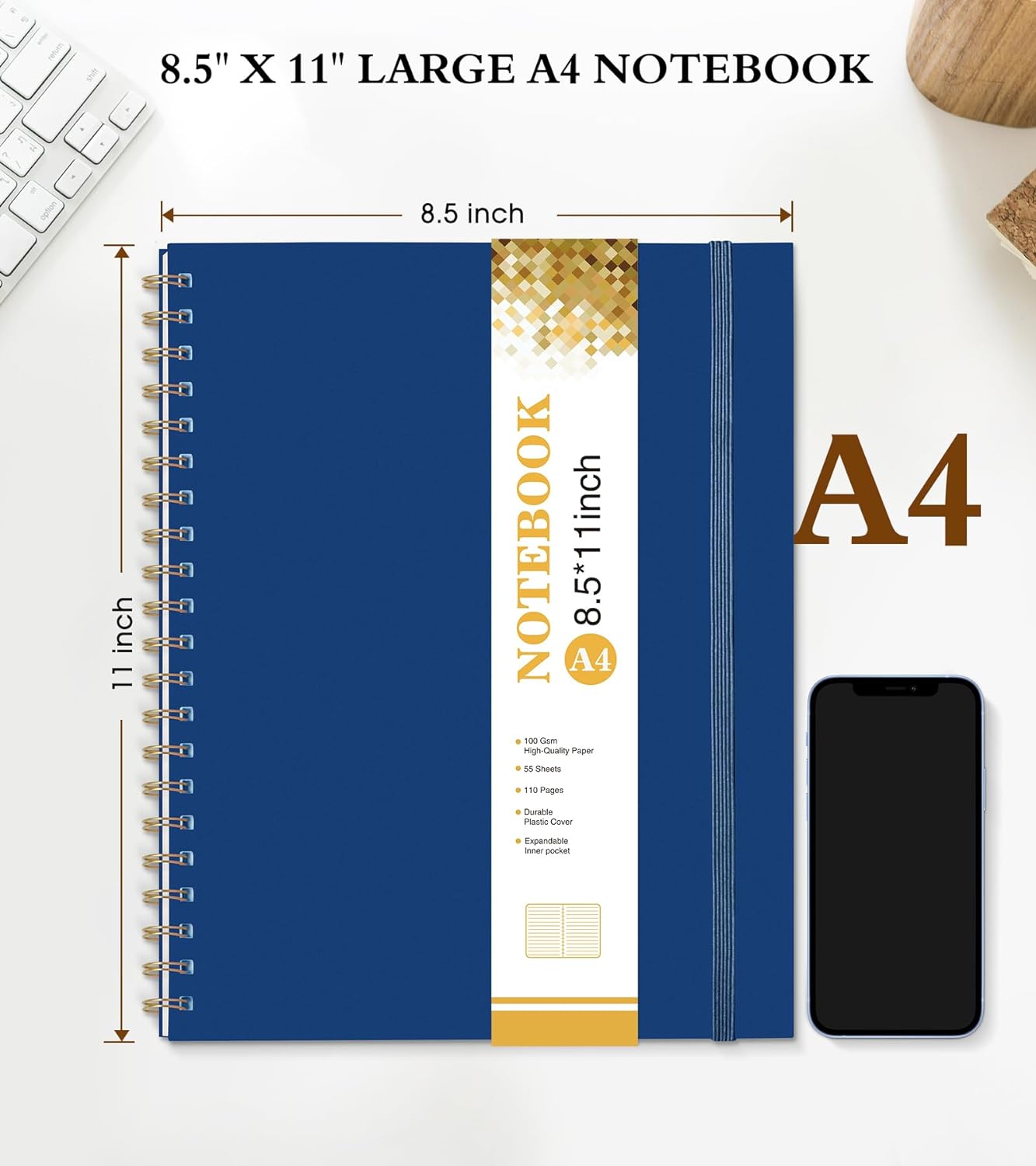 Spiral Notebook Journal 8.5” x 11”, A4 Large Notebooks for Women Men, College Ruled Lined Journal, 100 GSM Paper, Plastic Hardcover Spiral Bound Journals for Work School Note Taking Business, Navy