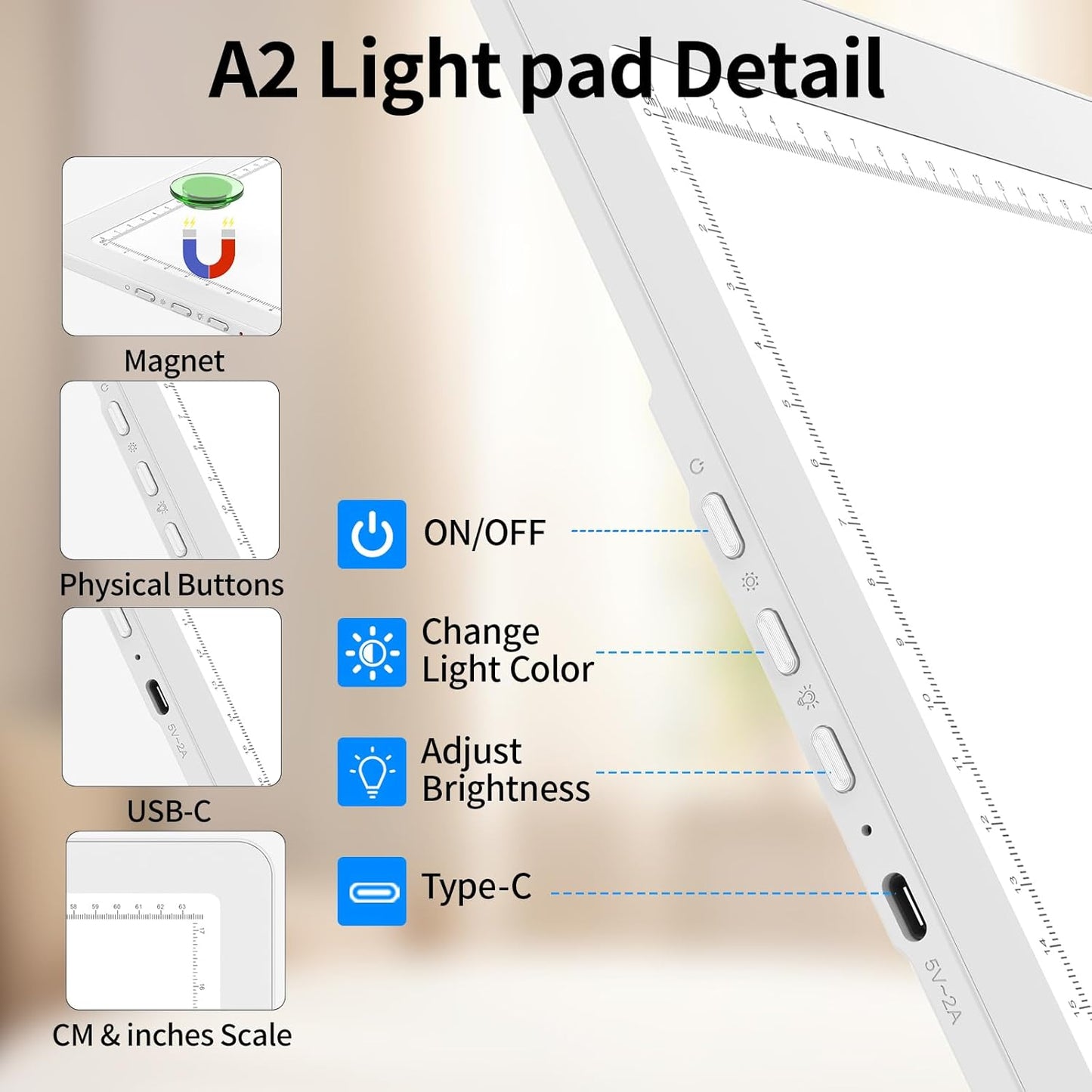 TOHETO A2 Light Pad 25.2''x18.4'', Large Magnetic LED Light Board for Diamond Painting, 3-Color Modes Light Box for Tracing, 6-Level & Stepless Dimmerable Diamond Art Light Table for Drawing,Sketching