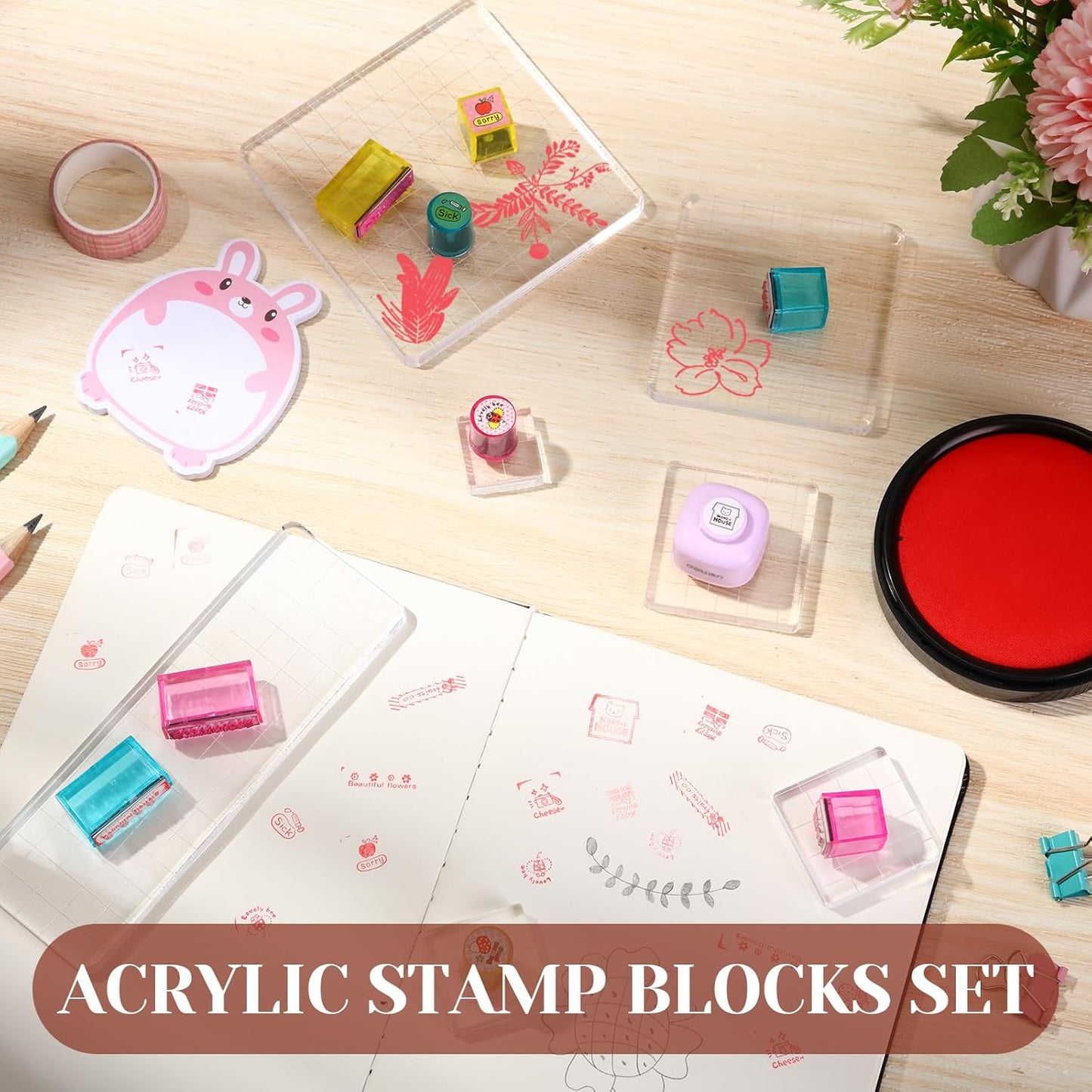 Mudder 7 Pieces Acrylic Stamp Blocks Set Clear Stamping Blocks Tools for Kids with Grid and Grip Scrapbooking Craft Making, Decorative DIY Essential Stamping Tool(Straight Edge)
