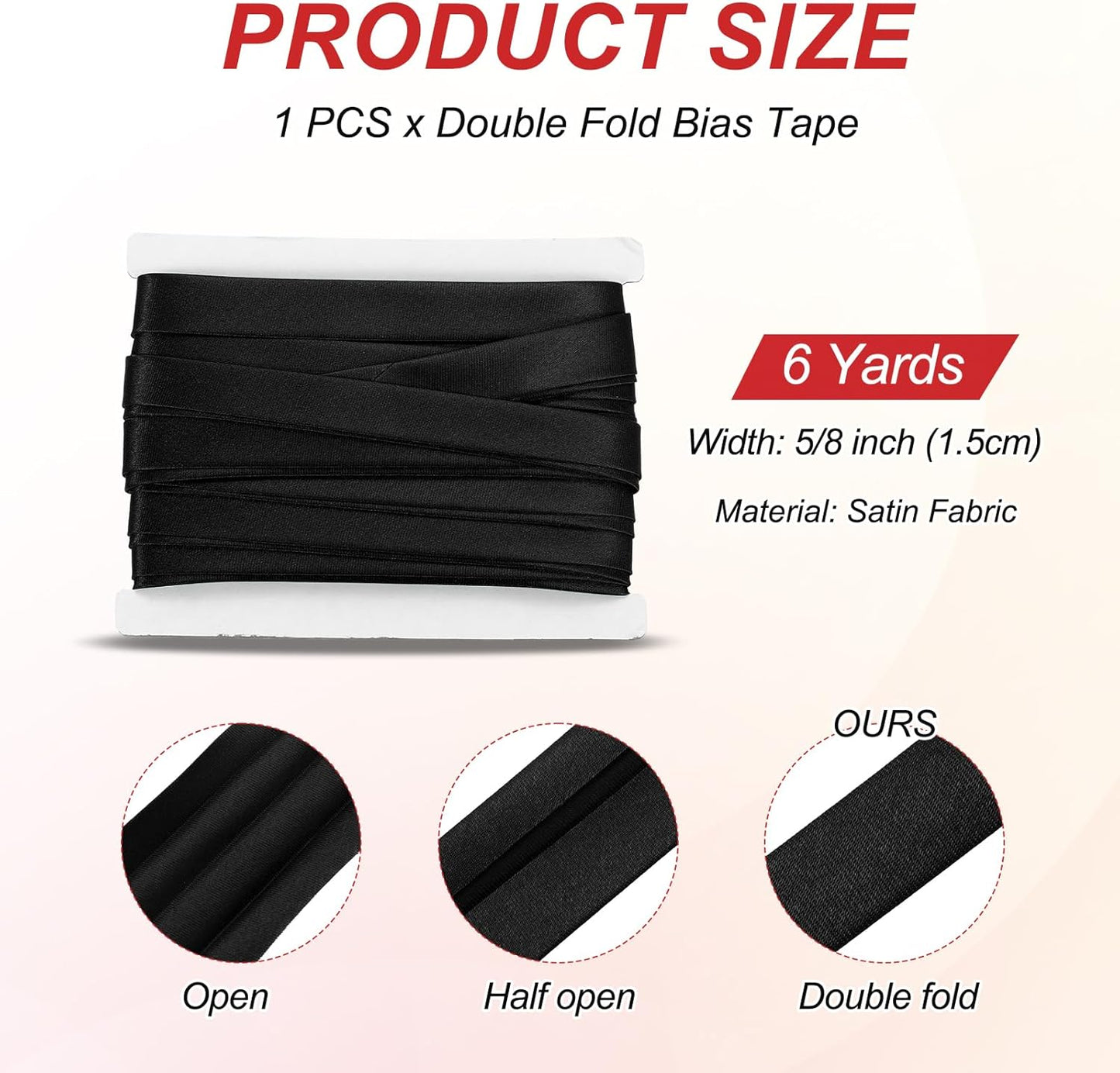 MECCANIXITY Double Fold Bias Tape for Sewing 5/8 Inch x 6 Yards Satin Pre-fold Continuous Binding Tape for Seaming Quilting Hemming Binding DIY Crafts, Black