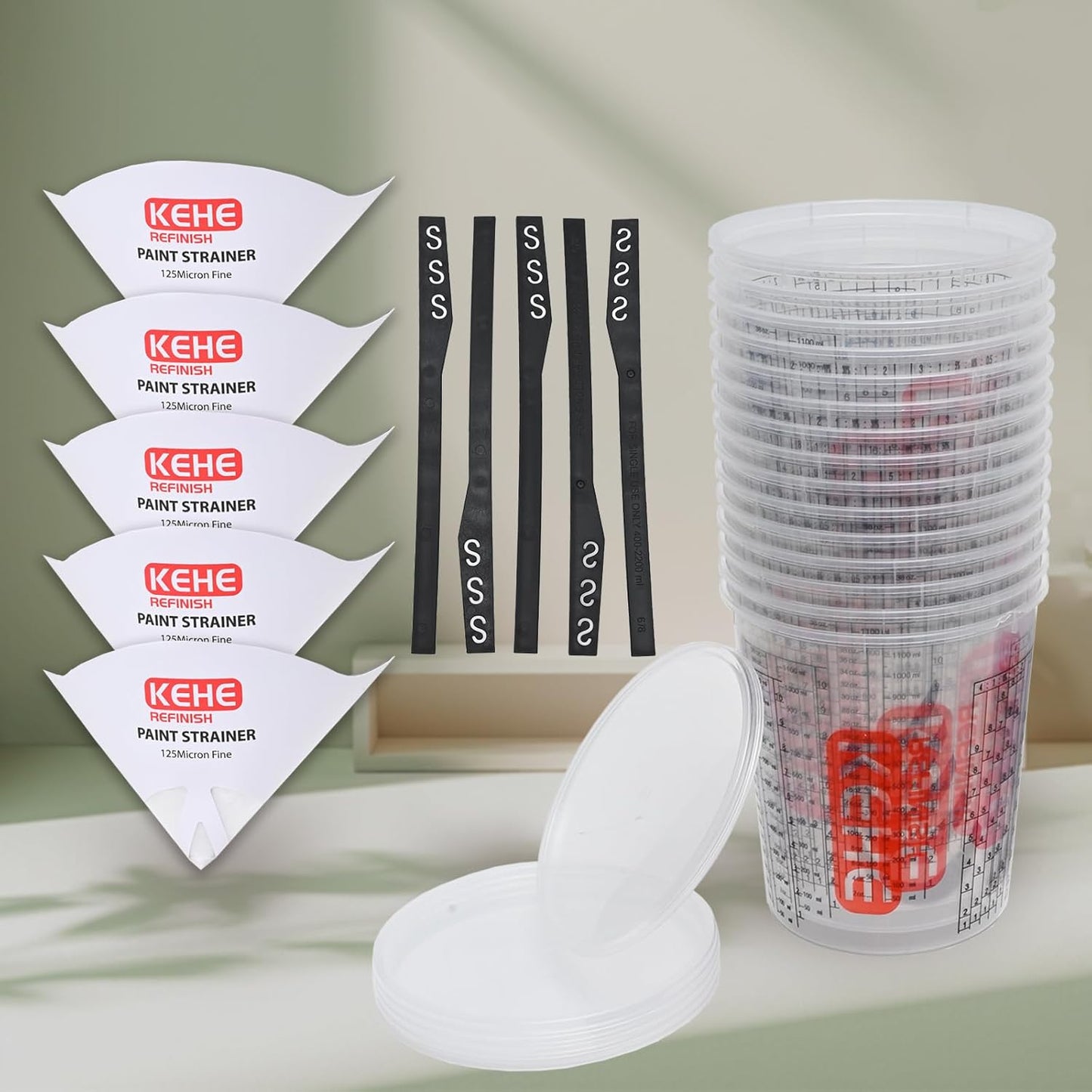 15 PACK Paint Mixing Cups by KEHE REFINISH,38 oz (1100ml),Disposable or Reusable Plastic Measuring Cups with Lids for Liquids, Paints, Resin, Epoxy, Art,Ratios 1:1,2:1, 3:1, 4:1,5:1,6:1,7:1,8:1