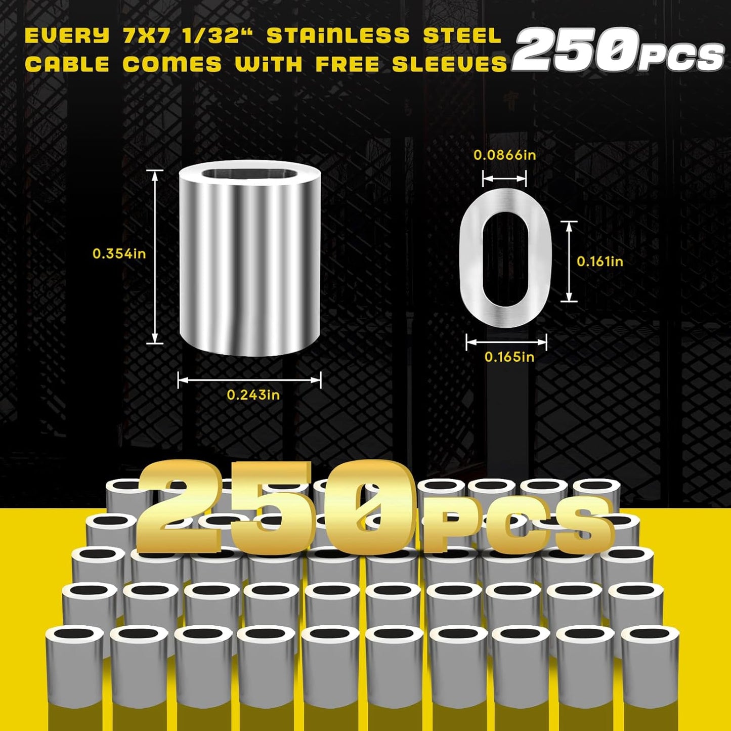 316 Stainless Steel Cable, 1000FT 1/32IN Wire Rope 7 * 7 Strand with 250Pcs Aluminum Sleeves Stops, Guide Wire for Outdoor String Lights for String Lights Hanging, Clotheslines, Trellis (1000FT)