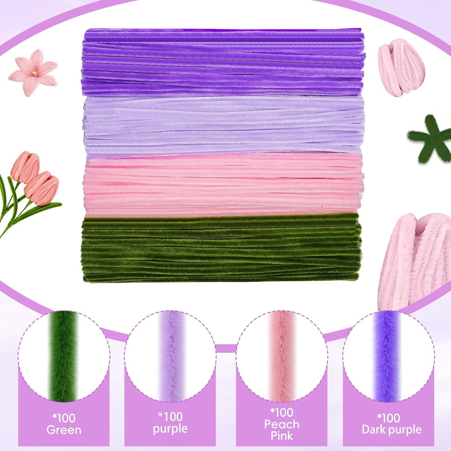 400 Pcs Chenille Stems Flowers Craft Kit,4 Colors Soft Pipe Cleaners Bulk for DIY Floral Arrangements with Floral Wires, Gardening Tape,Hot Glue Stick,Greeting Card,Bouquet Paper, Stamen & Ribbon