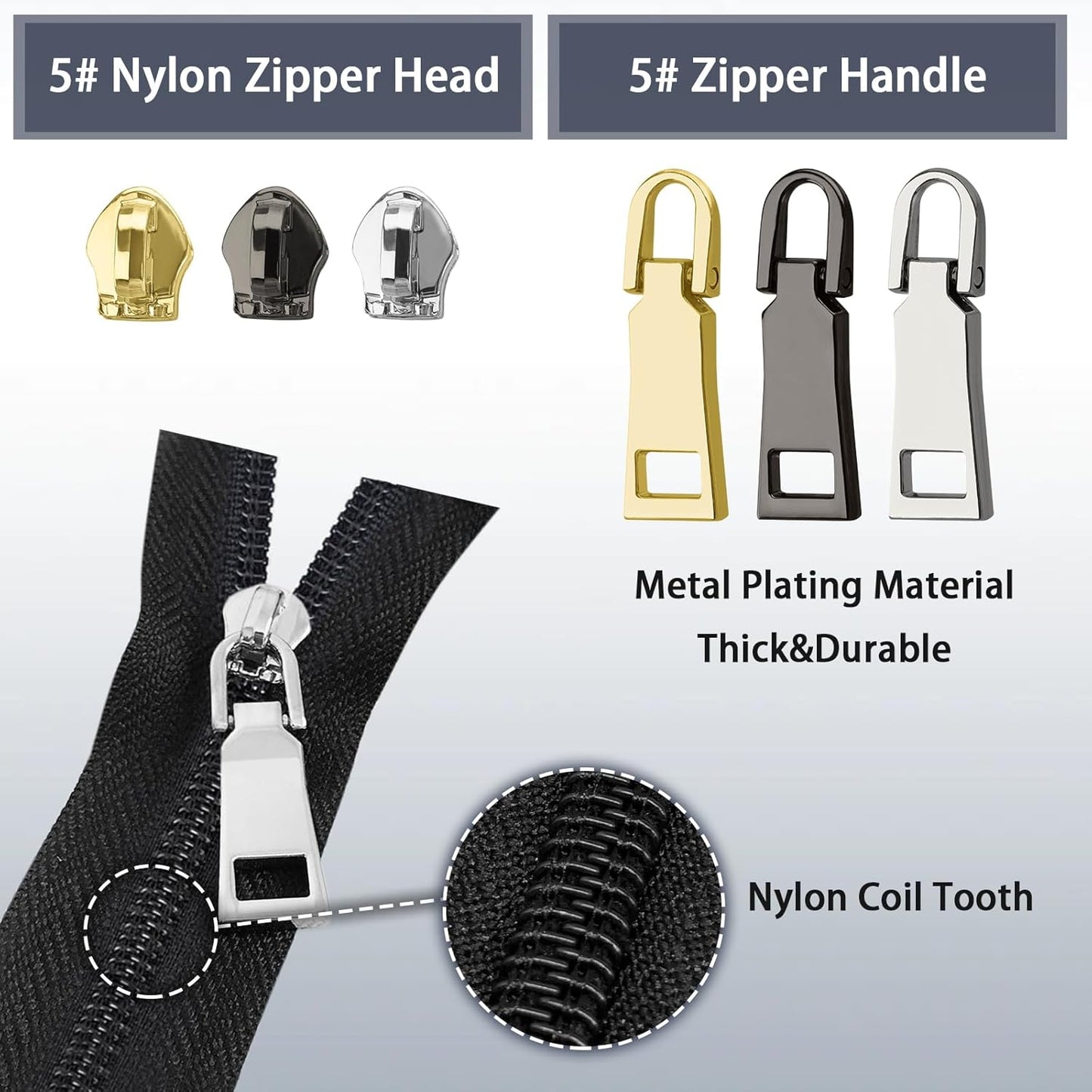 VICHERIA Zipper Repair Kit (45 Pcs), Universal Size #5 Zippers for Sewing, Replacement Slider Pull Fix Kit for Jackets, Coat, Boot, Backpack, Purse