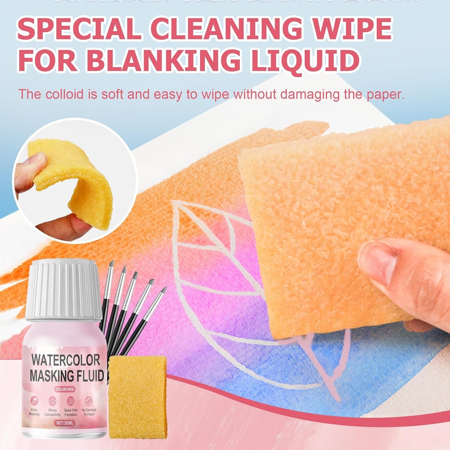 WANJAO Masking Fluid for Watercolor Painting, Liquid Masking Tape with Silicone Pens Cleaning Brush for Painting Fast Drying Easy Peel Use to Art Watercolor Supplies Retouching Covering, 30ml Red