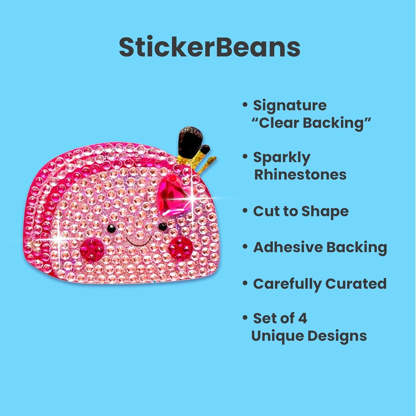 StickerBeans® Rhinestone Stickers – Glam Squad 2 4-Pack, 2” x 2” Unique Sparkly Cut-to-Shape for Collecting, Trading, Decorating Laptops, Phone Cases, Scrapbooks, Kids, Teens, & Adults
