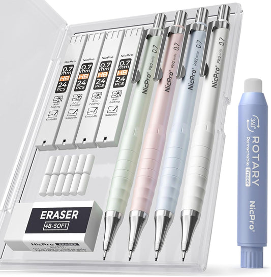 Nicpro Cute Mechanical Pencil Set, 4PCS 0.7mm Pastel Drafting Pencils with 4 Tube HB Lead Refills, 4B Erasers, Rotary Retractable Eraser and Eraser Refill for Writing Sketching Back to School Supplies