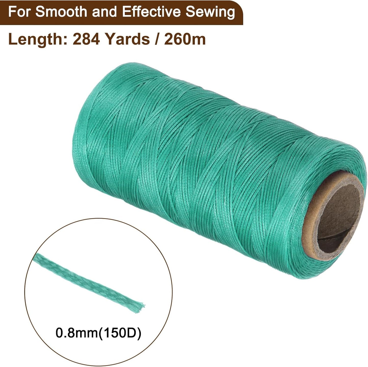 uxcell Leather Sewing Waxed Thread, 284 Yards / 260m 0.8mm 150D Flat Polyester All-Purpose Threads for Leather Crafts, Bookbinding, Turquoise