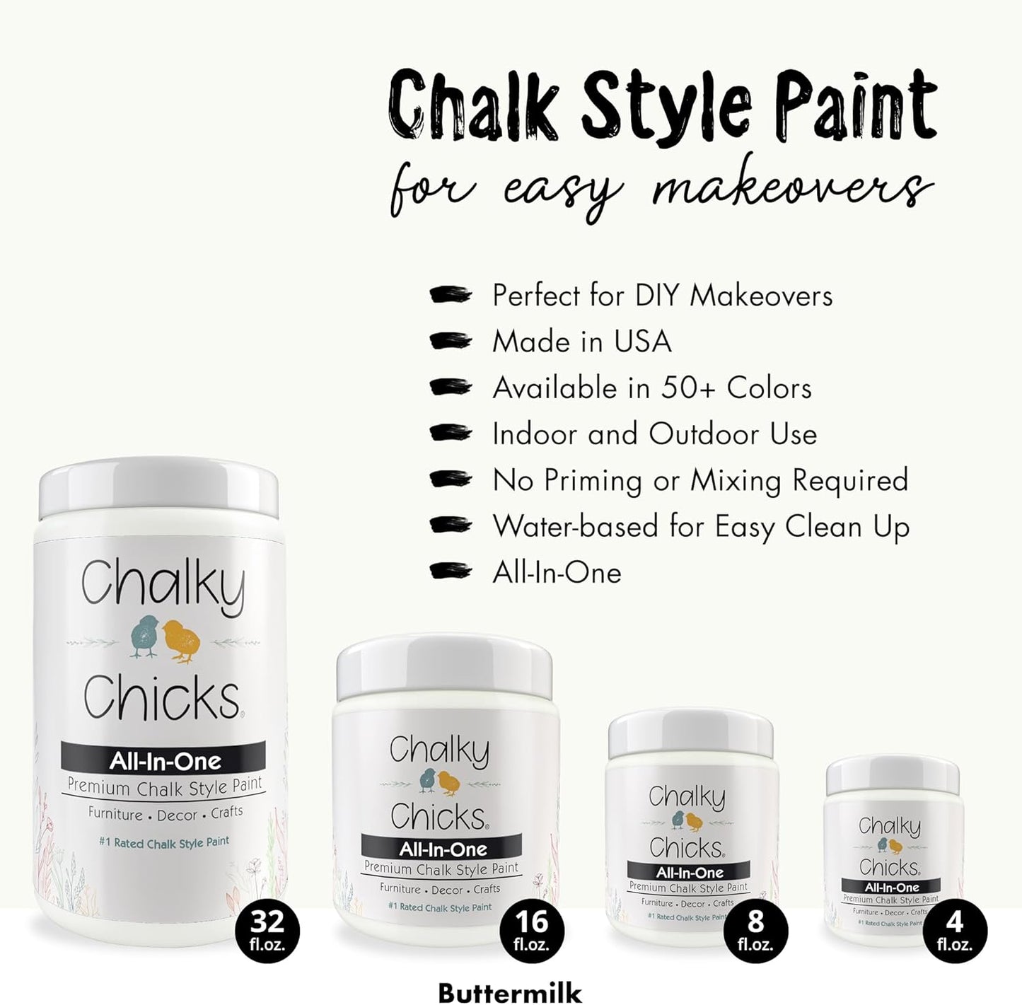 Chalky Chicks All-in-One Chalk Paint for Furniture or Cabinet - 4 Fl Oz - Matte Finish Buttermilk (White) for Metal, Wood Furniture Paint - No Sanding All-in-One for Home Decor & Crafts, USA Made