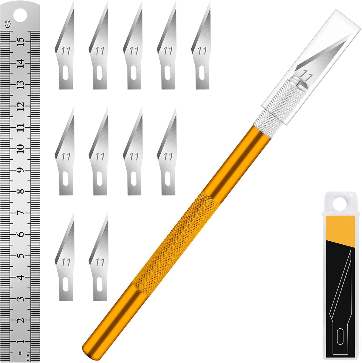DIYSELF 1 Pcs Craft Knife Hobby Knife with 11 Pcs Stainless Steel Blades Kit, 1pcs Steel 15MM Ruler for Art, Scrapbooking, Stencil(Gold)