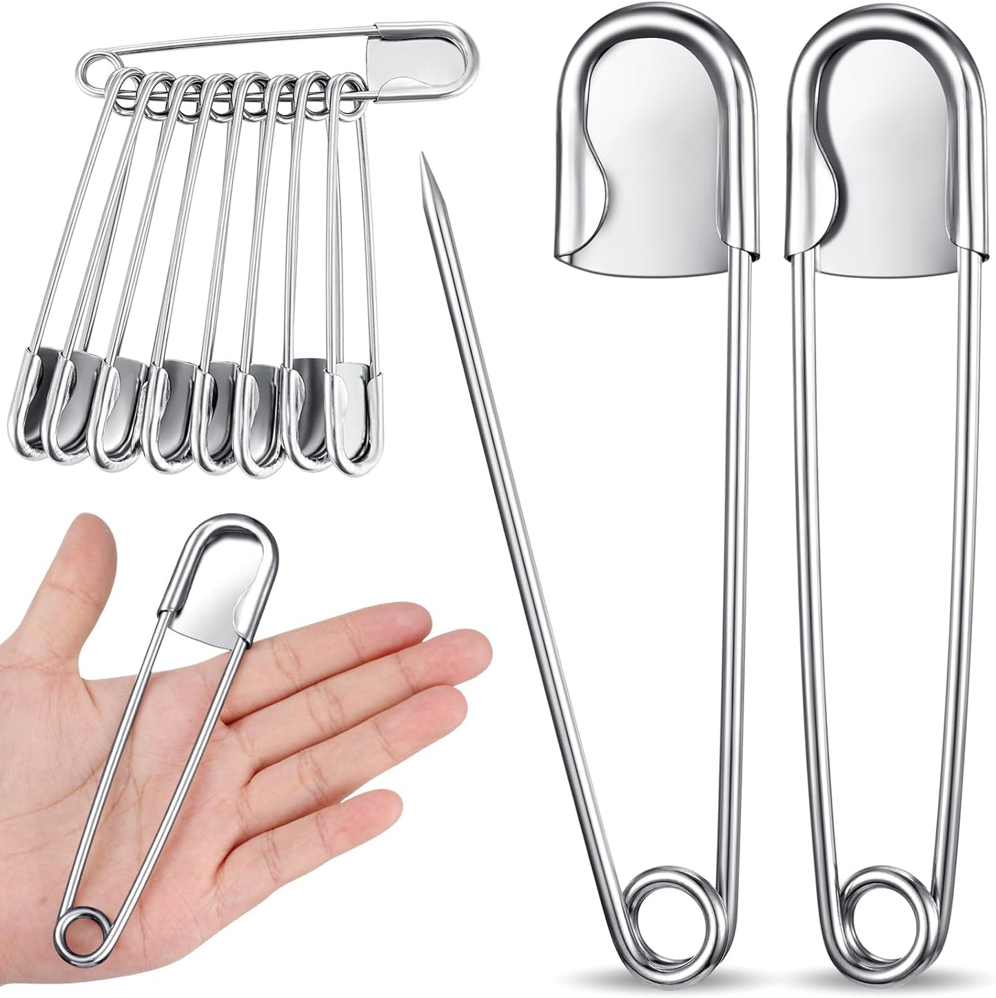 Juexica 10 Pcs 5 Inch Jumbo Stainless Steel Safety Pins Large Heavy Duty Huge Strong Laundry Pins for Upholstery Sewing Quilting Key Rings Craft Outdoor (Silver)