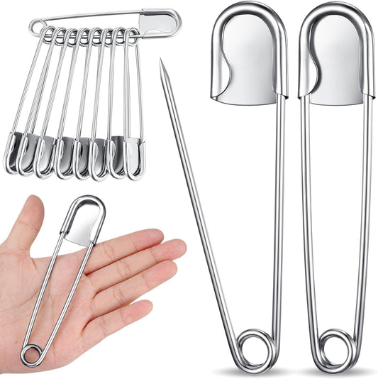 Juexica 10 Pcs 5 Inch Jumbo Stainless Steel Safety Pins Large Heavy Duty Huge Strong Laundry Pins for Upholstery Sewing Quilting Key Rings Craft Outdoor (Silver)