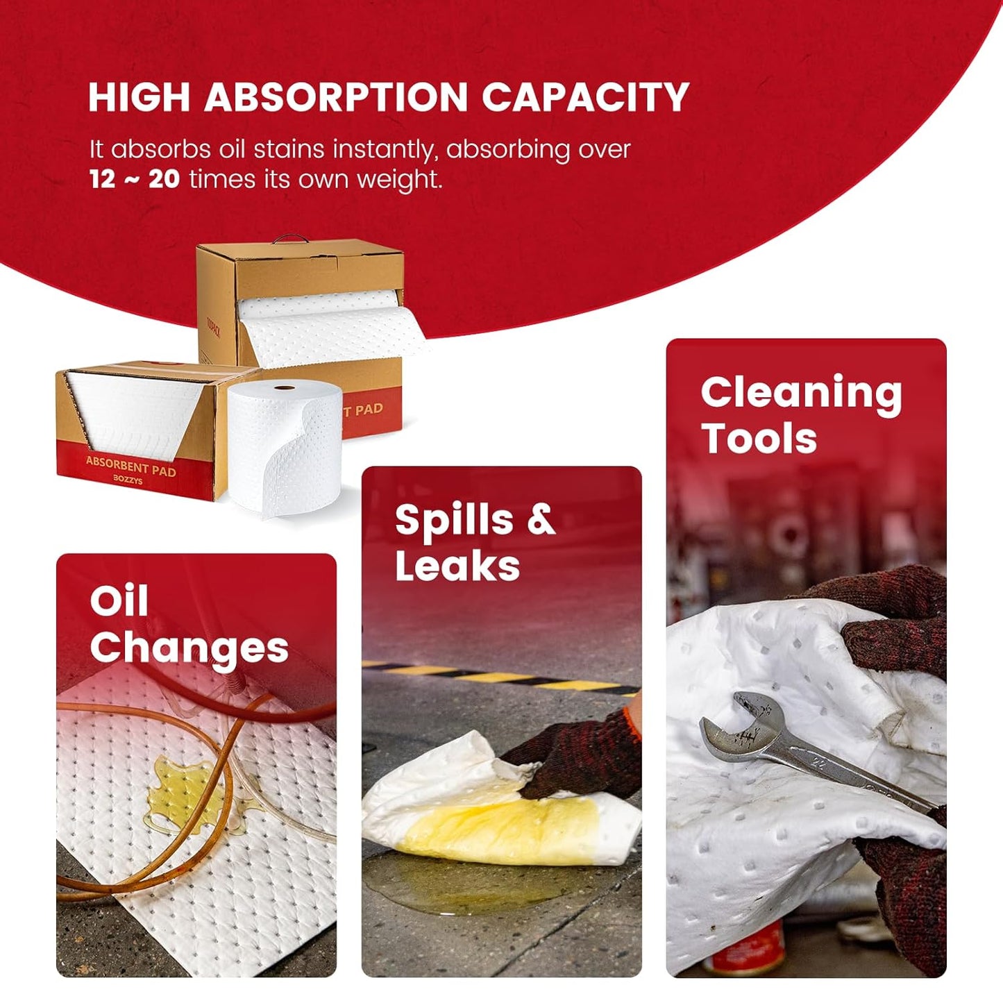 Oil Absorbent Pads Roll | 16"x20" Oil-Only Spill Mat 100-Pack | Industrial Spill Control for Oil & Fuel(32 Gal/Box) | Repels Water Absorbing Rolls