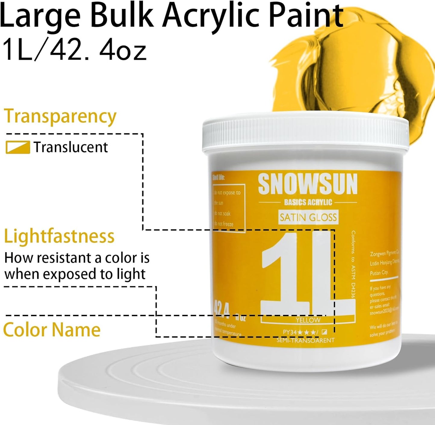 SNOWSUN Yellow Acrylic Paints, Large Bulk Heavy Body Acrylic Paint (42.4 oz, 1L) - Non Toxic Gloss Thick Art Paint for Multi-Surface, Ideal for Canvas Wood Ceramic Fabric and Leather, Stone Craft, for Artists & Beginners