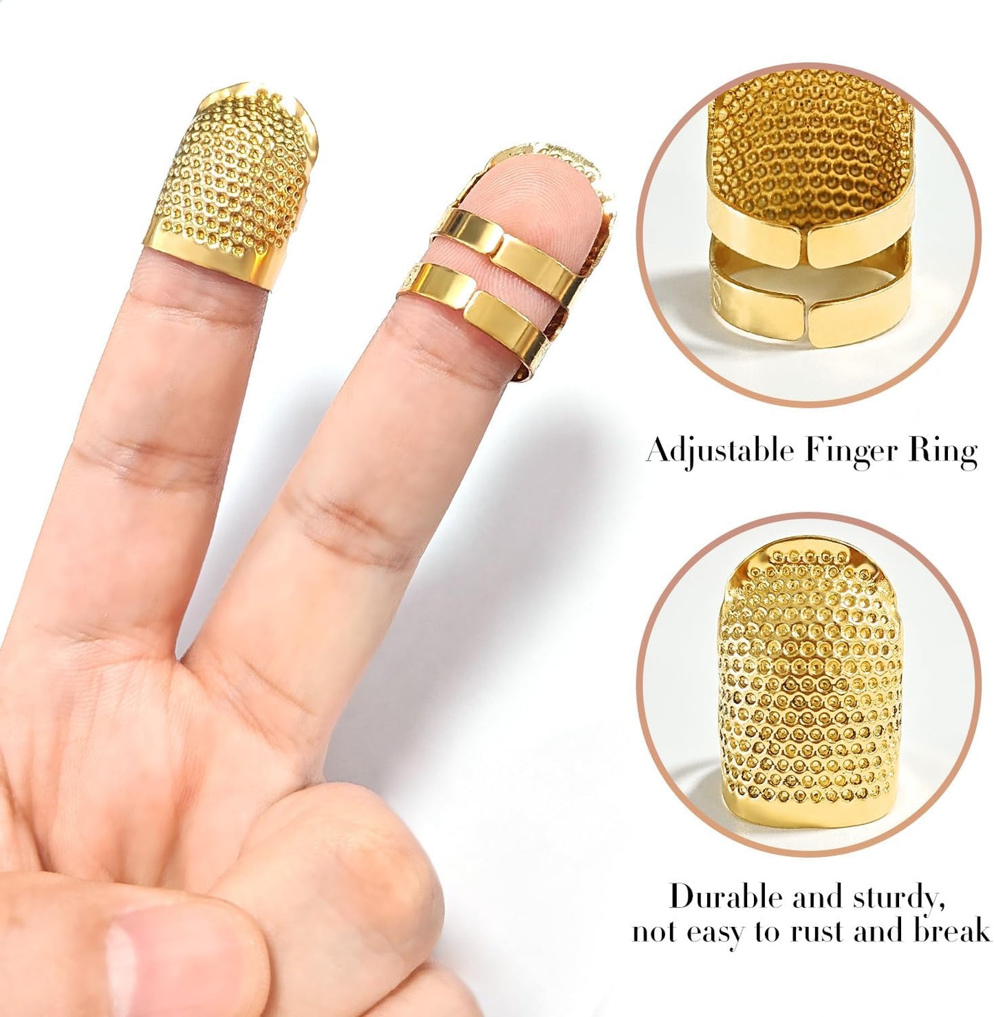 ZESION 4Pcs Sewing Thimbles, Adjustable Metal Thimbles for Hand Sewing Finger Protector, Quilting Craft Accessories for Knitting Needlework DIY Tools, Gold(2 Sizes, S/M)