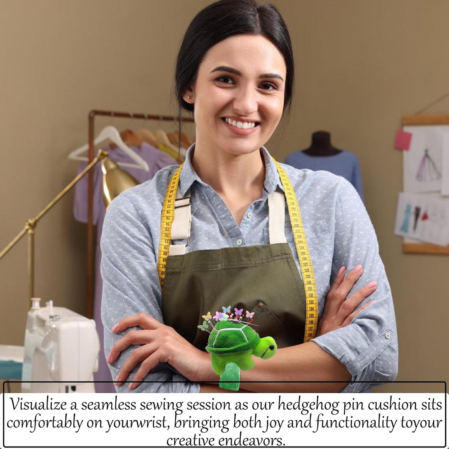 Cute Turtle Wrist Pin Cushion for Sewing with Magnetic, Snap Bracelet Wrist Bands for Pins and Needles Include 50 Lovely Butterfly Straight Pins.