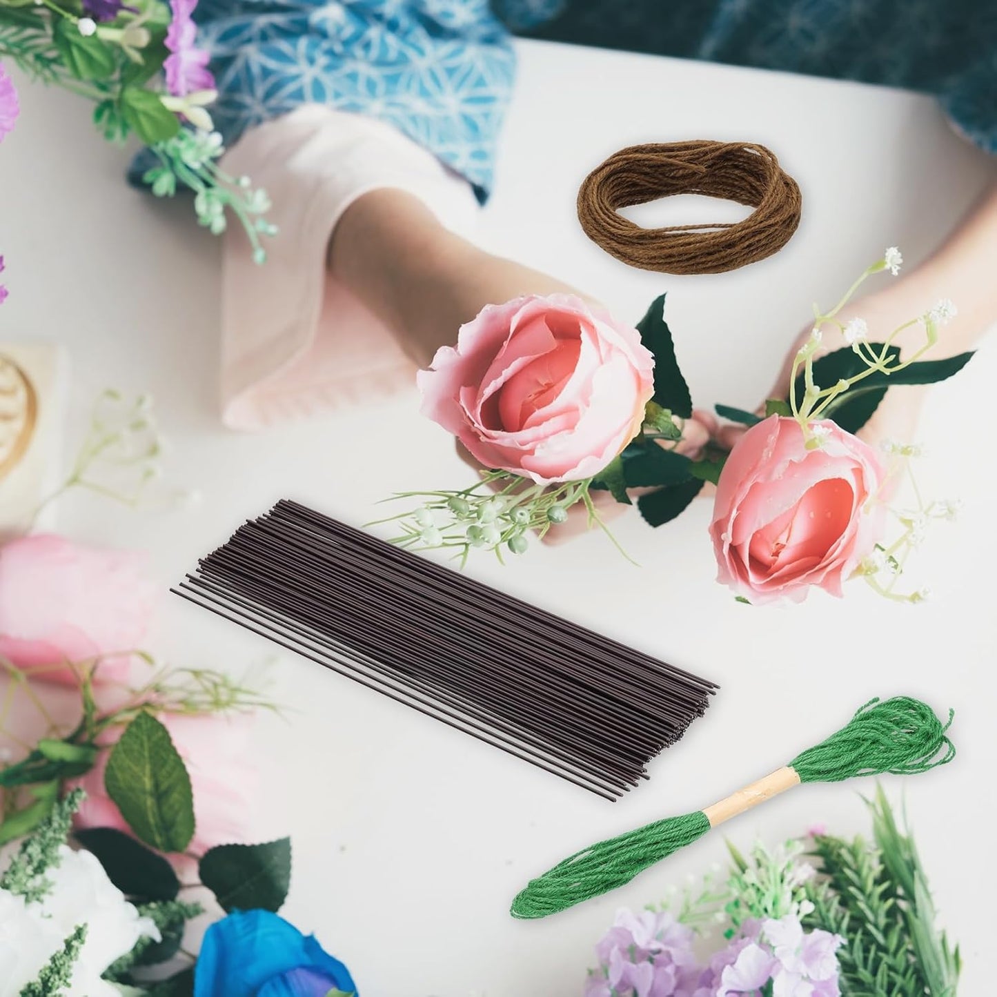 uxcell 50Pcs 2 Gauge Floral Wire, 15.75" Length Flower Stem Wires with 0.08" x 32.8ft Twine for Wreath Making, Flower Arrangement, Brown