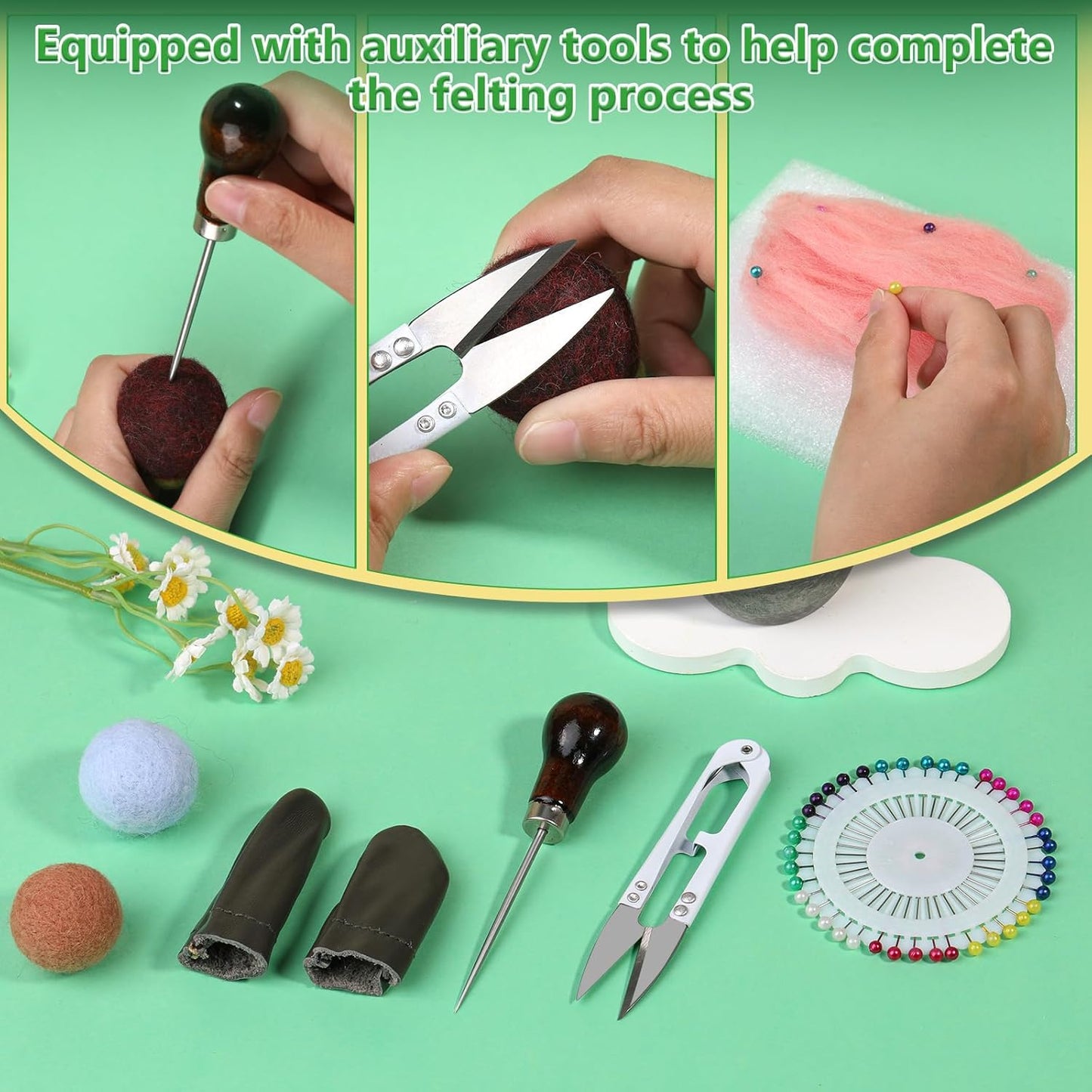 IMZAY Needle Felting Tools, Wool Felting Supplies, Needle Felting Kit with 60 Pcs Needles, Foam Mat, Wooden Handle, Scissors, Perfect for DIY Felting Wool Projects