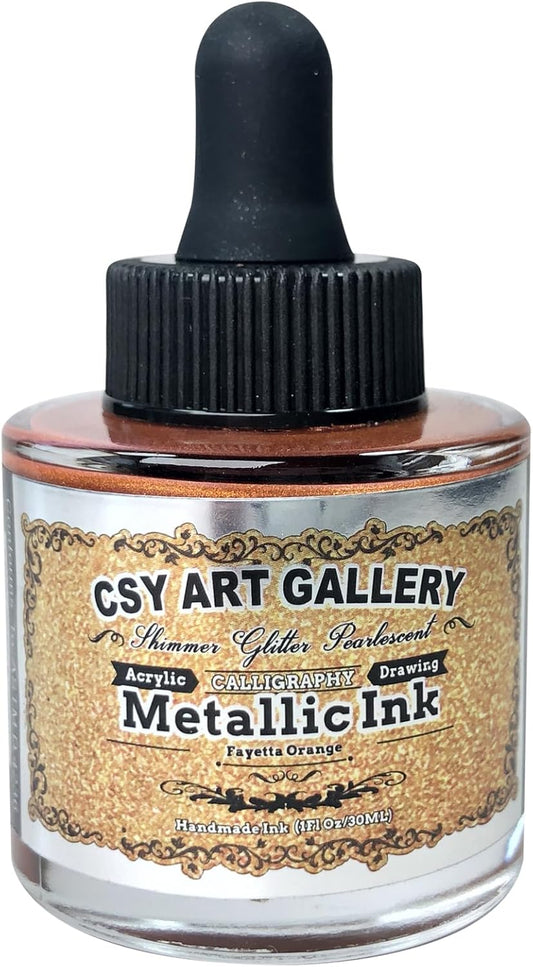 CSY art gallery Metallic Acrylic Paint Ink-Craft Paint-Calligraphy Inks,Glitter-Pearlescent -Gold Drawing Ink Liquid Gold Leaf Paints with Dropper, 1oz - 29.5 ml (Fayetta Orange)