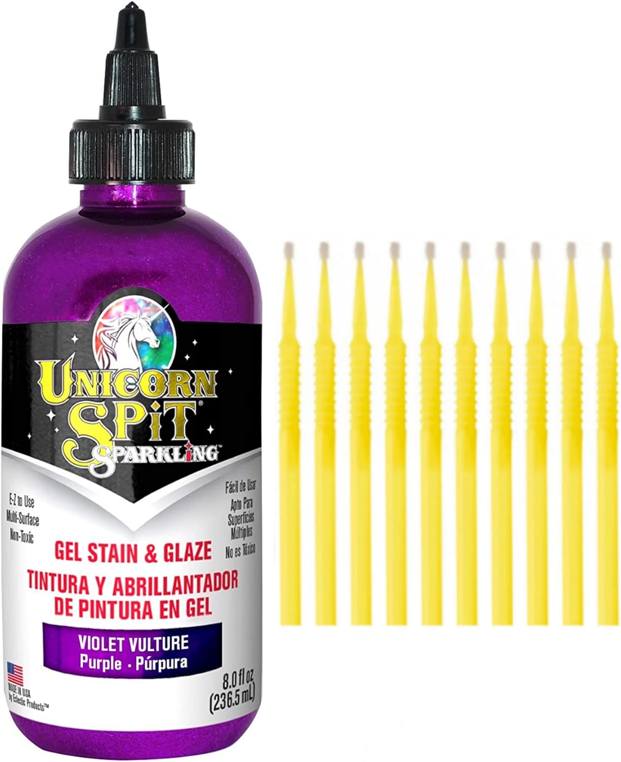 Unicorn SPiT Gel Stain and Glaze in One - Sparkle Violet Vulture 8 oz. Bottle Detail Sticks