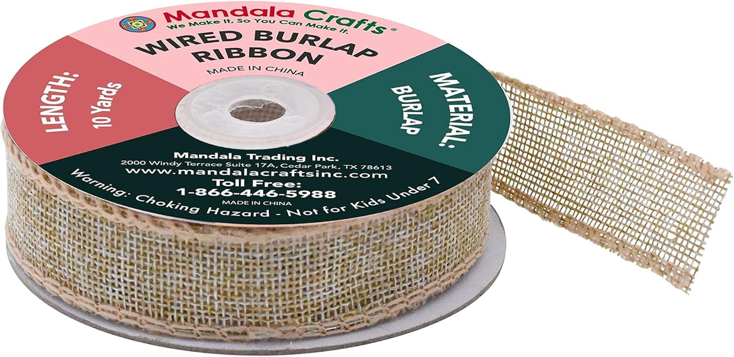 Mandala Crafts Natural Burlap Wired Ribbon 1 Inches Wide Jute Ribbons for Crafts - 10 Yds Roll Rustic Burlap Wrap Trim Ribbons for Wreaths Bows Party Decoration