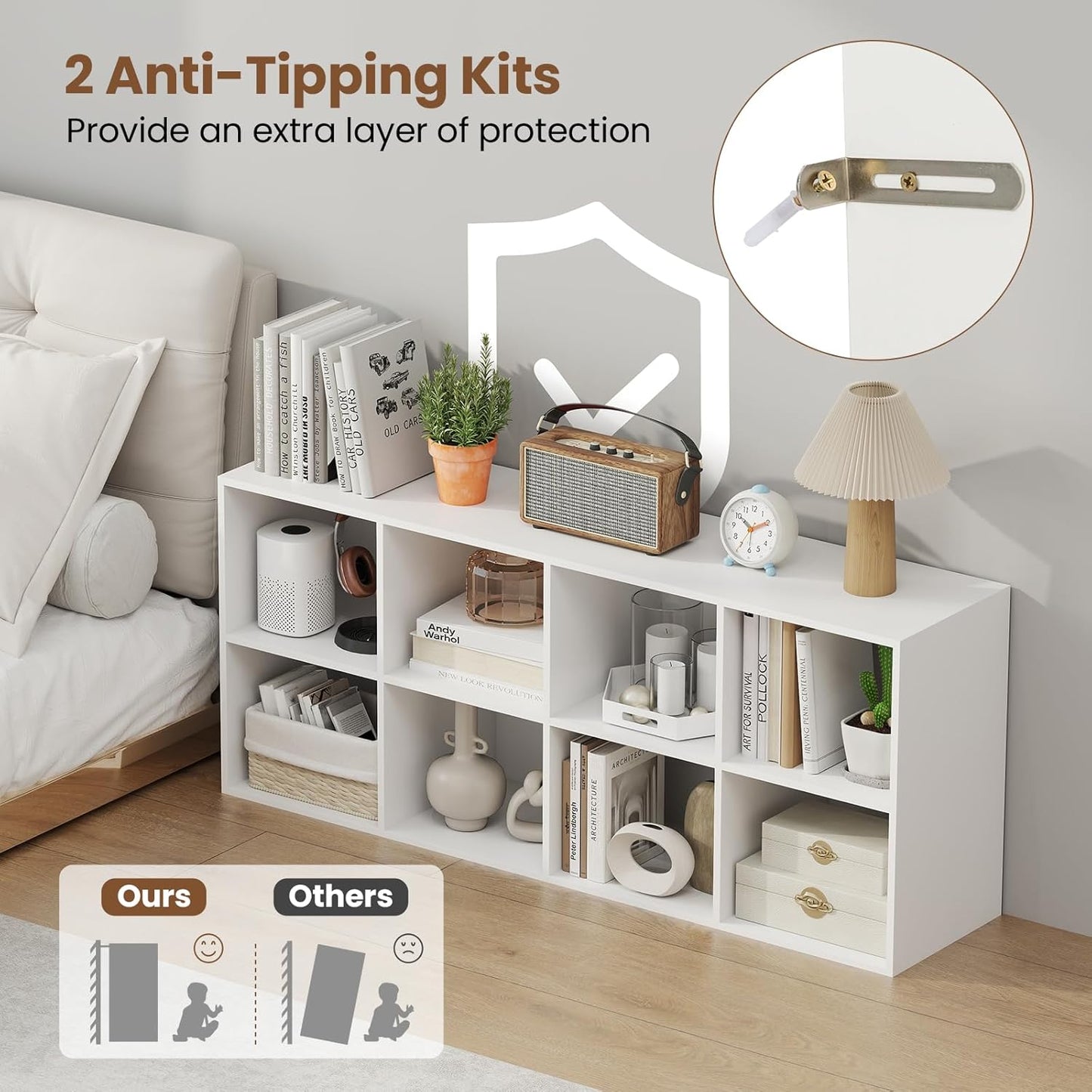 Giantex 8-Cube Bookcase, 3-Tier Cubby Bookshelf, Horizontal Vertical Display Rack with Anti-Tipping Kits, Modern Storage Organizer Shelf Unit for Bedroom, Living Room, Study (White, 8-Cube)