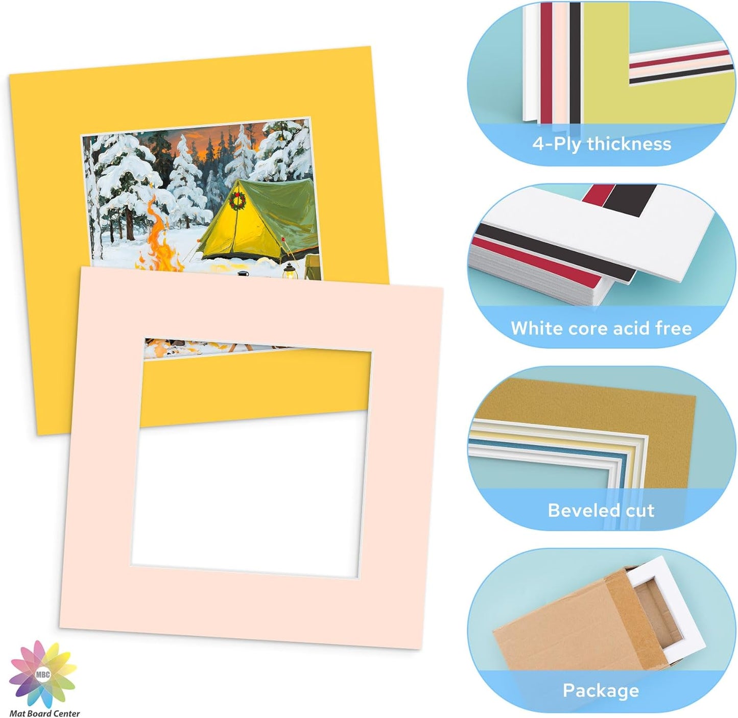 Mat Board Center, 12X12 Mix Color Mats for 8X8 Pictures - Acid Free, 4-Ply Thickness, White Core, Bevel Cut - for Artworks, Photos, Framing - Pack of 12