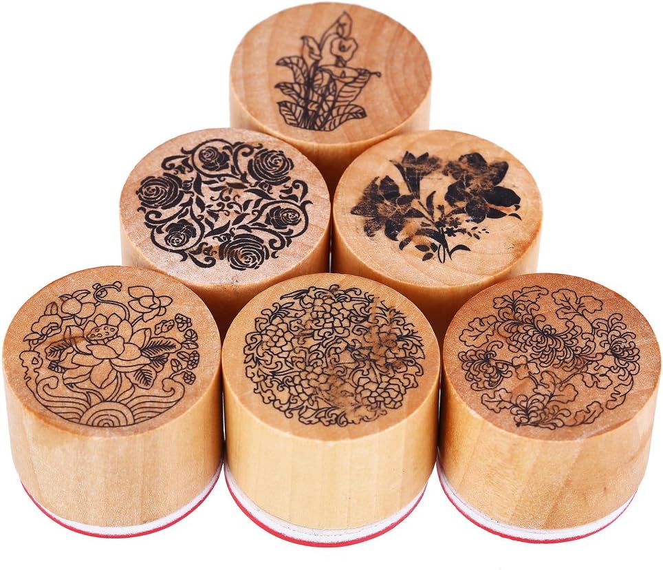 CCINEE 6pcs Round Rubber Stamps Floral Pattern Wooden Stamps for Christmas Scrapbooking Cards and Crafts Making