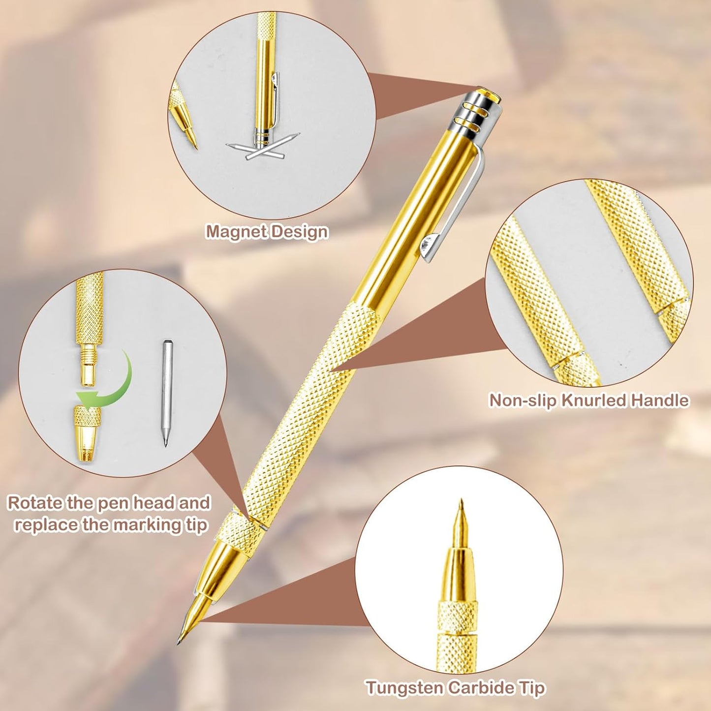 2 Pcs Tungsten Carbide Tip Scriber With 12 Replacement Marking Tip, Aluminium Magnet Carbide Scribe Tool etching Scribe Pen With Clip, Metal Engraving Pen for Glass / Ceramics / Hardened Steel(Gold)