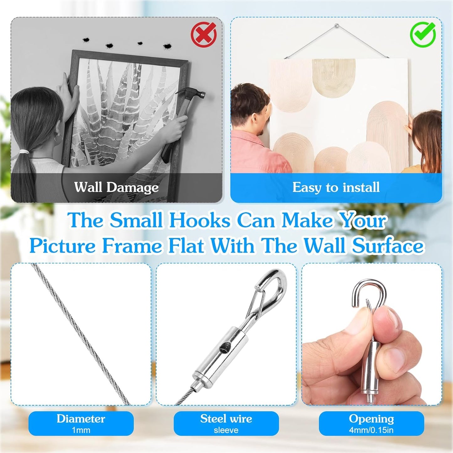 2 Pack Picture Hanging Wire Kit, Heavy Duty Picture Wire Kit for Frames & Mirrors up to 50lbs, Includes Adjustable 2m Steel Wires, D Rings & Screws, Wall Hanging Kit for Home & Gallery Use