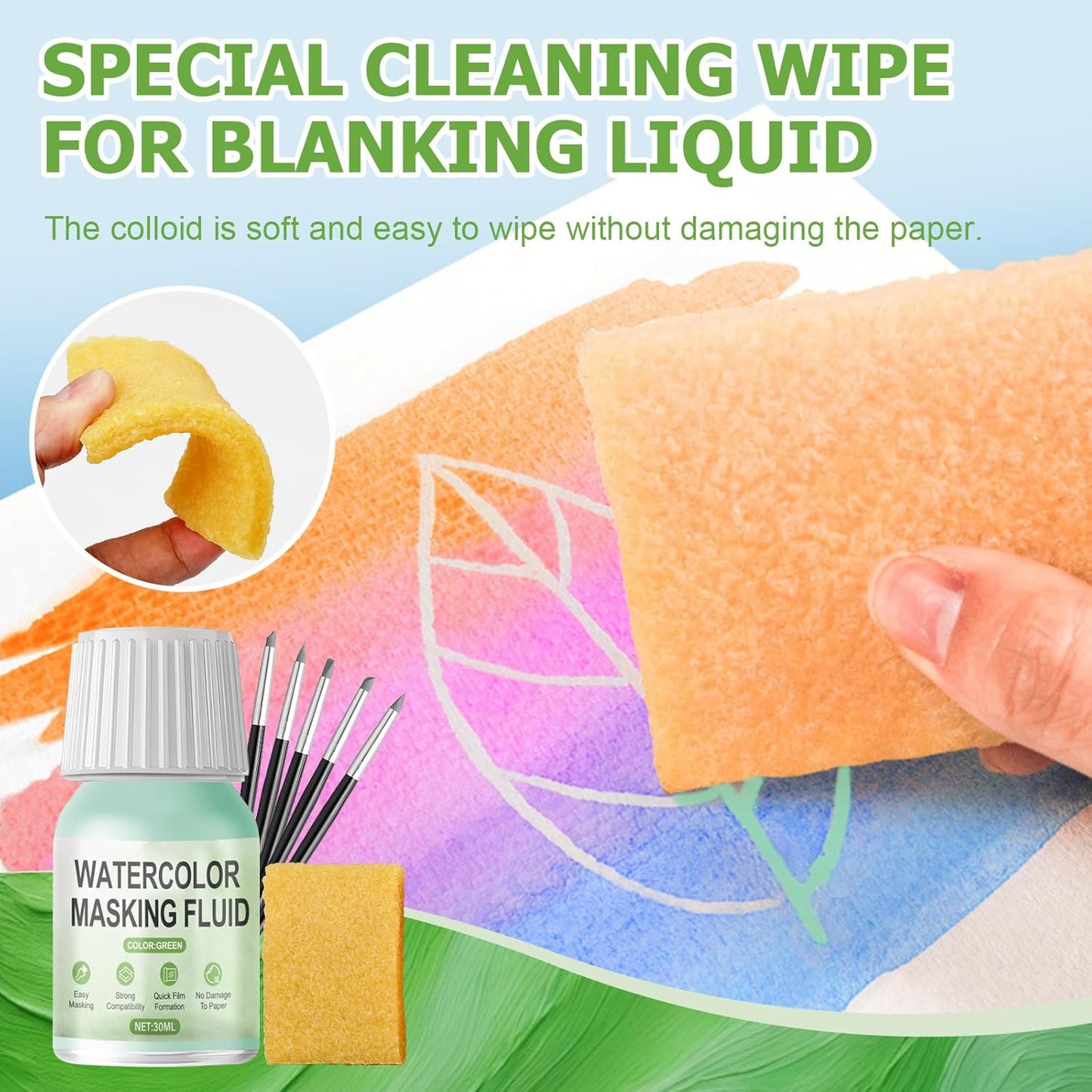 WANJAO Masking Fluid for Watercolor Painting, Liquid Masking Tape with Silicone Pens Cleaning Brush for Painting Fast Drying Easy Peel Use to Art Watercolor Supplies Retouching Covering, 30ml Green