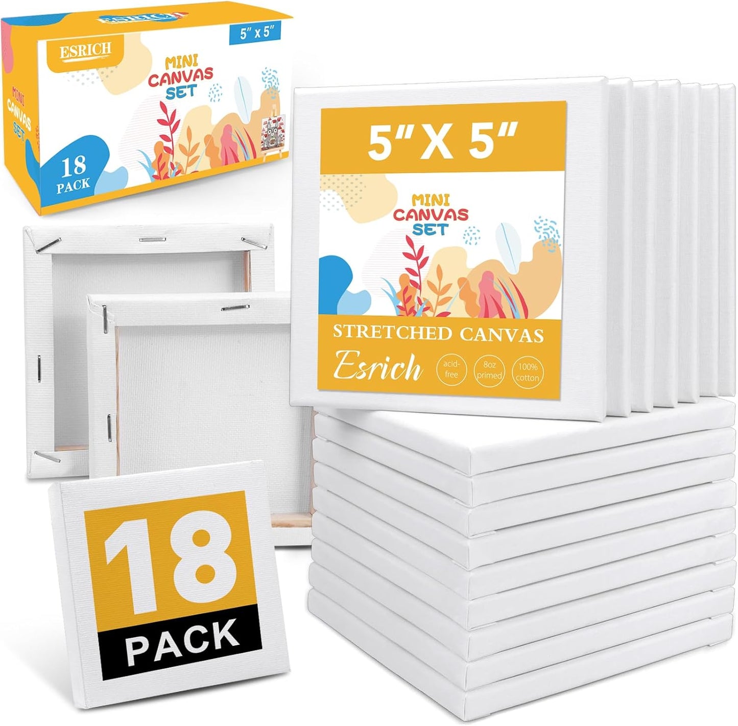 ESRICH Mini Canvases for Painting, 5x5In Canvas in Bulk 18Pack, 2/5In Profile Small Square Canvas, Blank Canvases are Great for School Projects and Kids Birthday Parties, Home Decor Project.