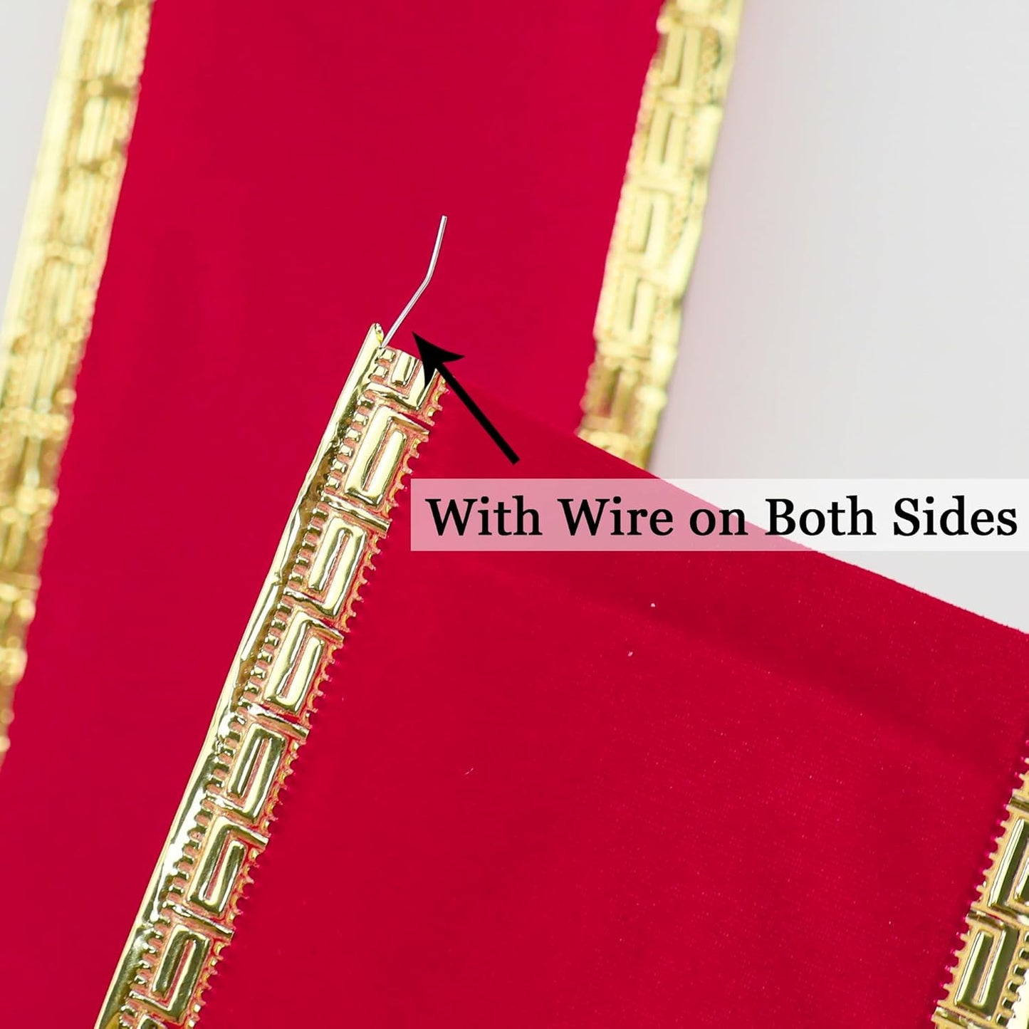 MEEDEE Red Velvet Ribbon 2.5 Inch With Gold Greek Key Edge - 10 Yards Wired Christmas Ribbon for Tree Decoration, Topper Bow, Garland