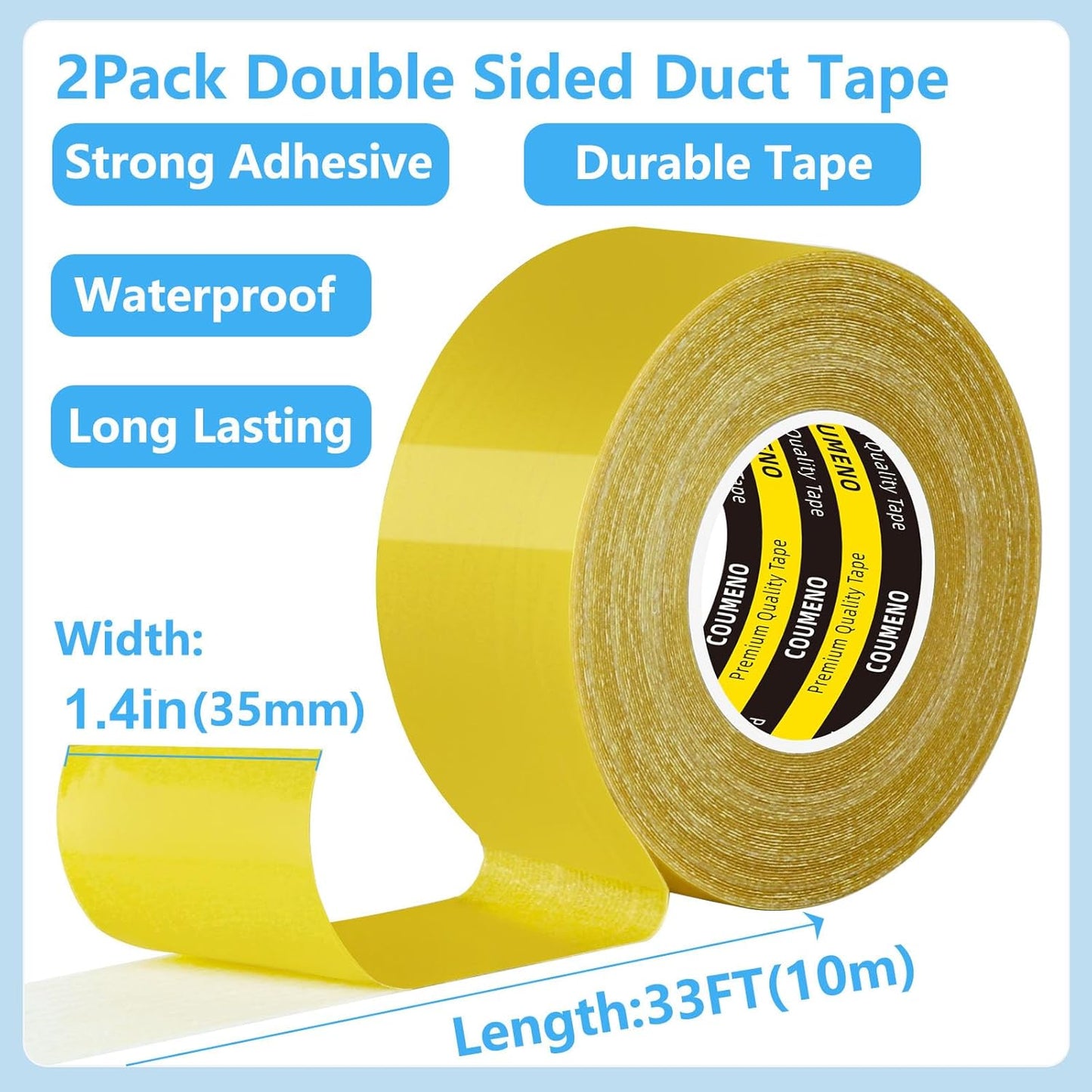 2 Pack Double Sided Tape Heavy Duty Strong Wall Adhesive with Fiberglass Mesh, Super Sticky Insistent Clear Tape, Easy Use Mounting Tape 1.4inX33FT