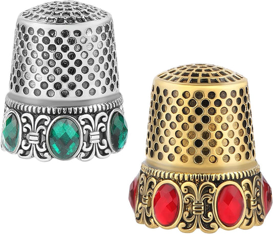 2 Pcs Vintage Sewing Thimble, Quilting Thimbles, Sewing Thimble Finger Protector, Vintage Fingertip Protector Thimbles, Metal Thimble, Sewing Quilting Craft Accessories Diy Sewing Tools (Sliver, Gold)