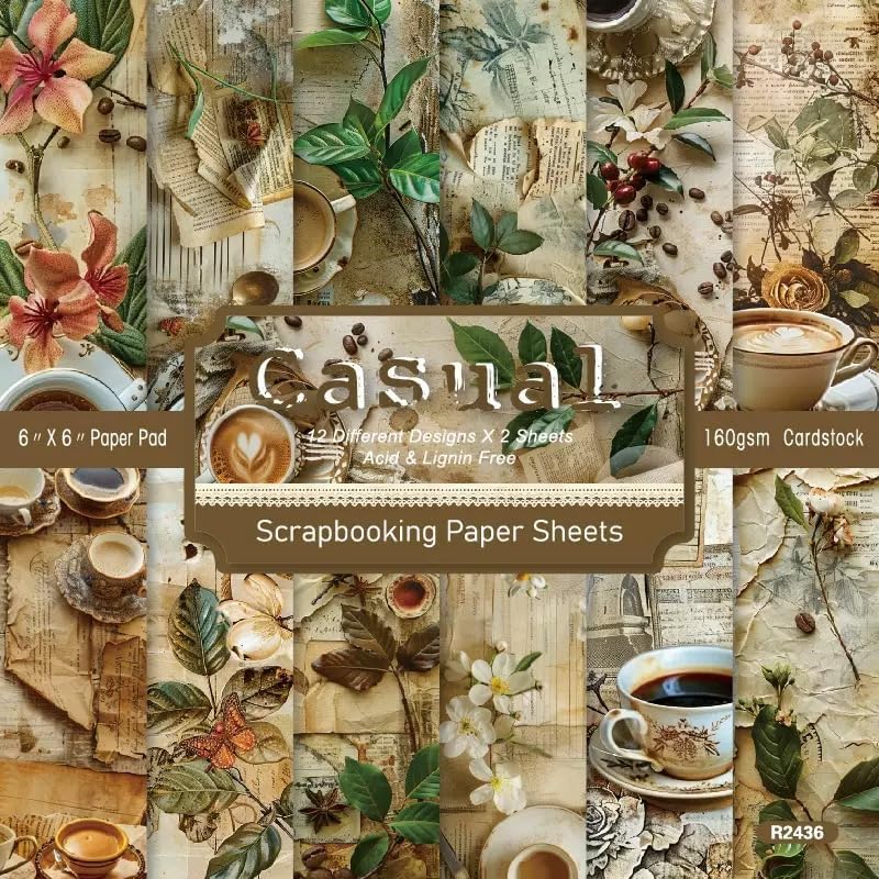 Vintage Coffee Scrapbook Paper Pad Color Patterned Paper 6×6,24 Sheets Single-Sided Scrapbooking CardStock Papers Pad for Holiday Cardmaking DIY Origami Journaling. (R2436, 6inch)