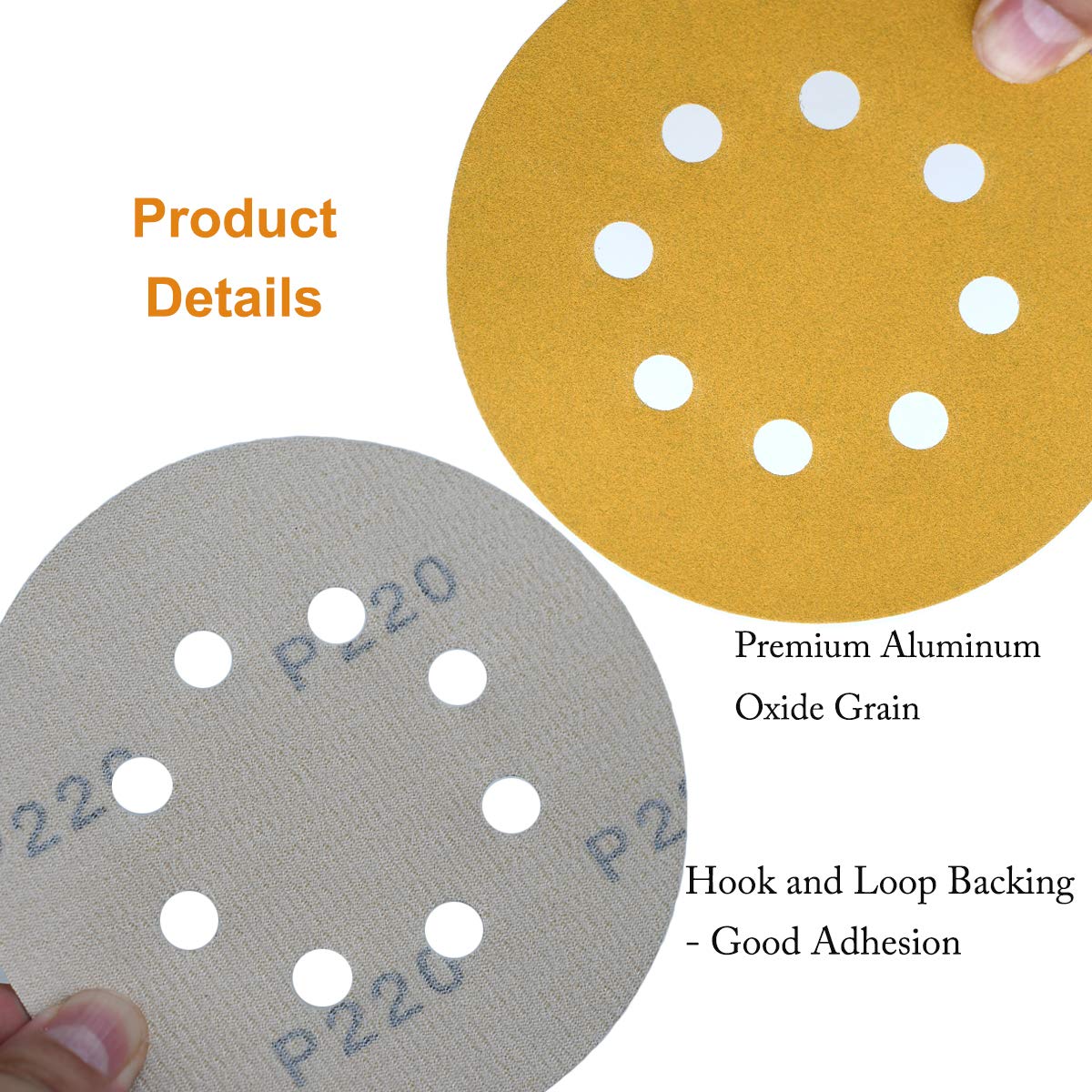 5-Inch 8-Hole Hook and Loop Sanding Discs 220-Grit Random Orbit Sandpaper, 50-Pack