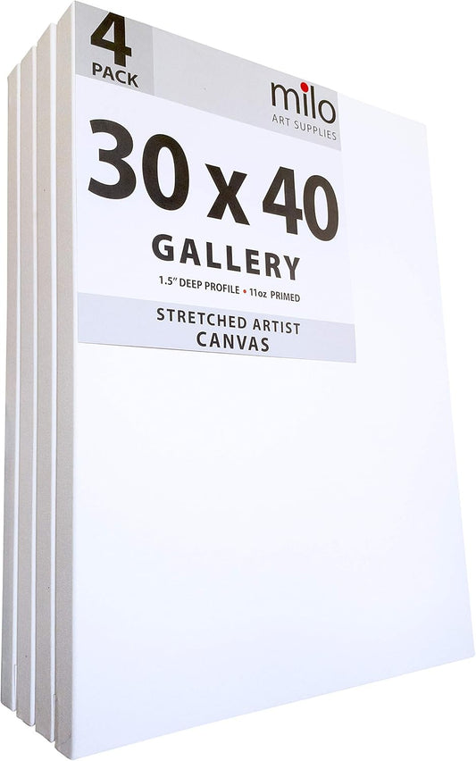 milo Stretched Artist Canvas | 30x40 inches | 4 Pack | 1.5” inch Thick Gallery Profile | 11 oz Primed Large Canvases for Painting, Ready to Paint Art Supplies for Acrylic, Oil