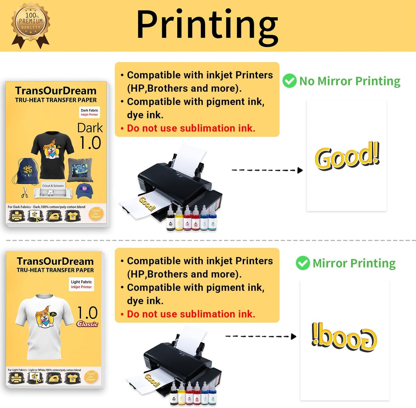 TransOurDream Tru-Heat Transfer Paper for Dark and Light T Shirts (10+10 Sheets, 8.5x11, Mix Pack) Printable Heat Transfer Vinyl for Fabrics Iron on Transfers for Inkjet Printer (D1L1)