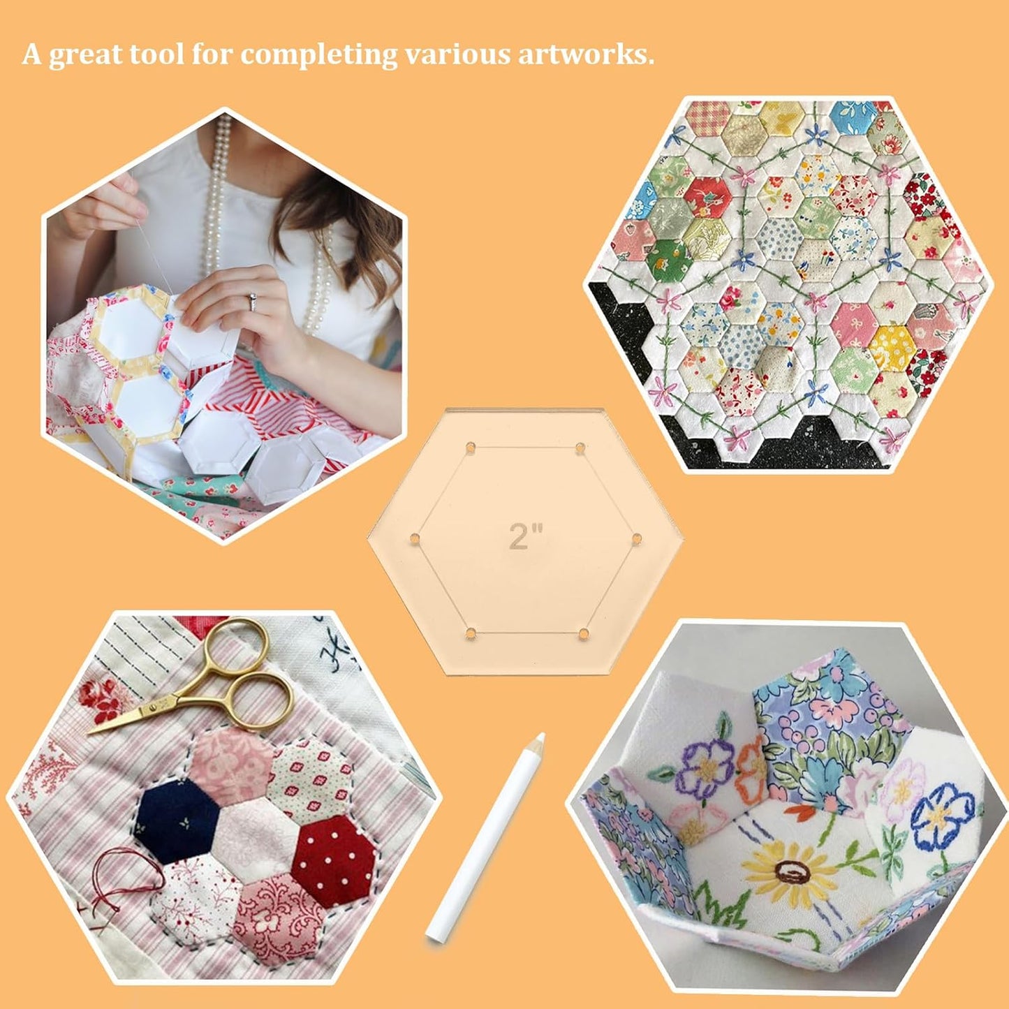 7 Pieces Hexagon Quilting Template with Tailors Chalk Pencil,Acrylic Quilting Rulers Templates with 1/4 Seam Allowance for DIY Sewing Crafts Including 1 Inch,1.5 Inch,2 Inch,3 Inch,4 Inch,5 Inch