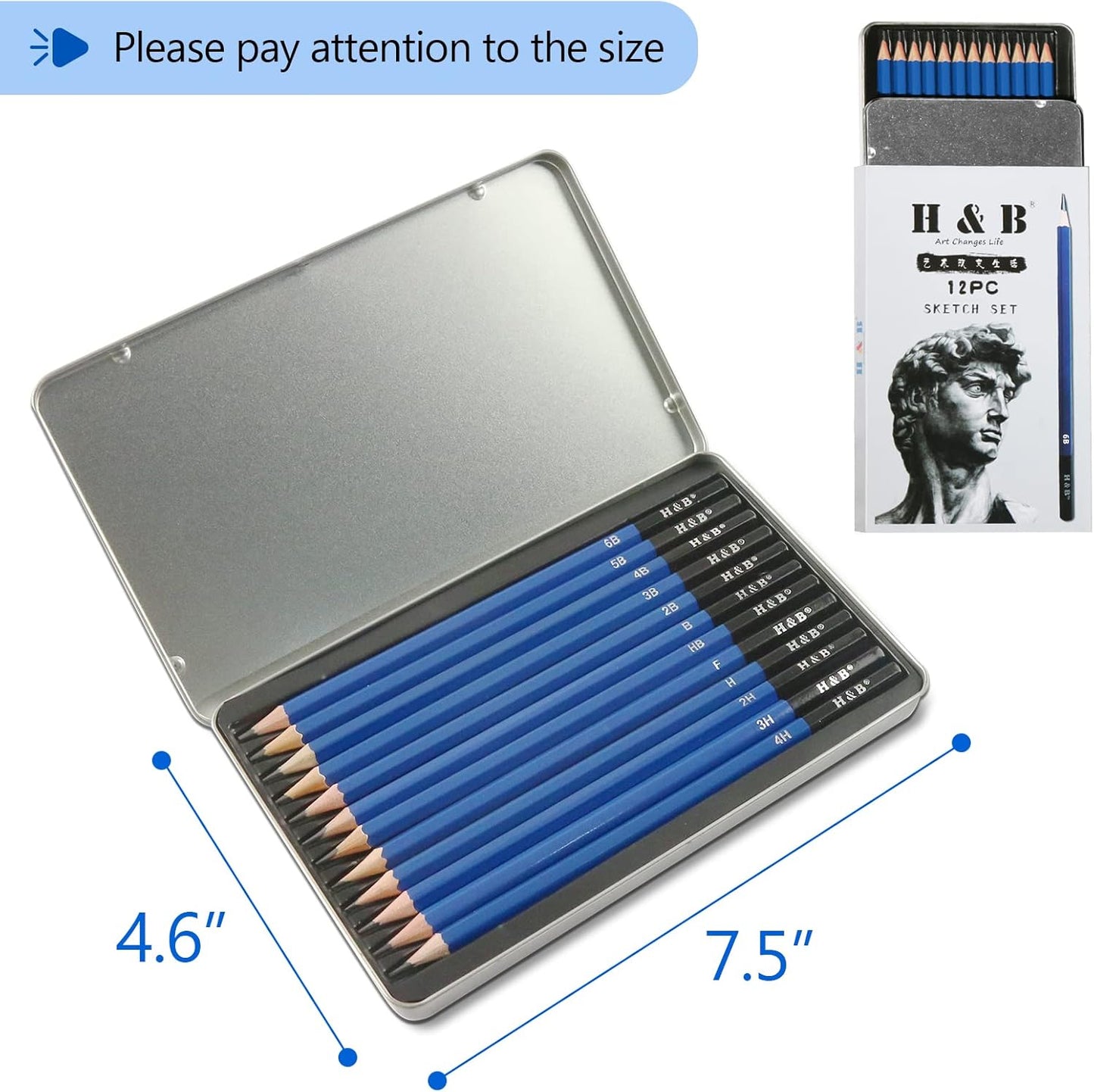 H & B 12 PCS Pencil Drawing Kit, H-4H, F, HB, B-6B Graphite and Charcoal Sketch Pencil Set for Beginners, Professional Artists